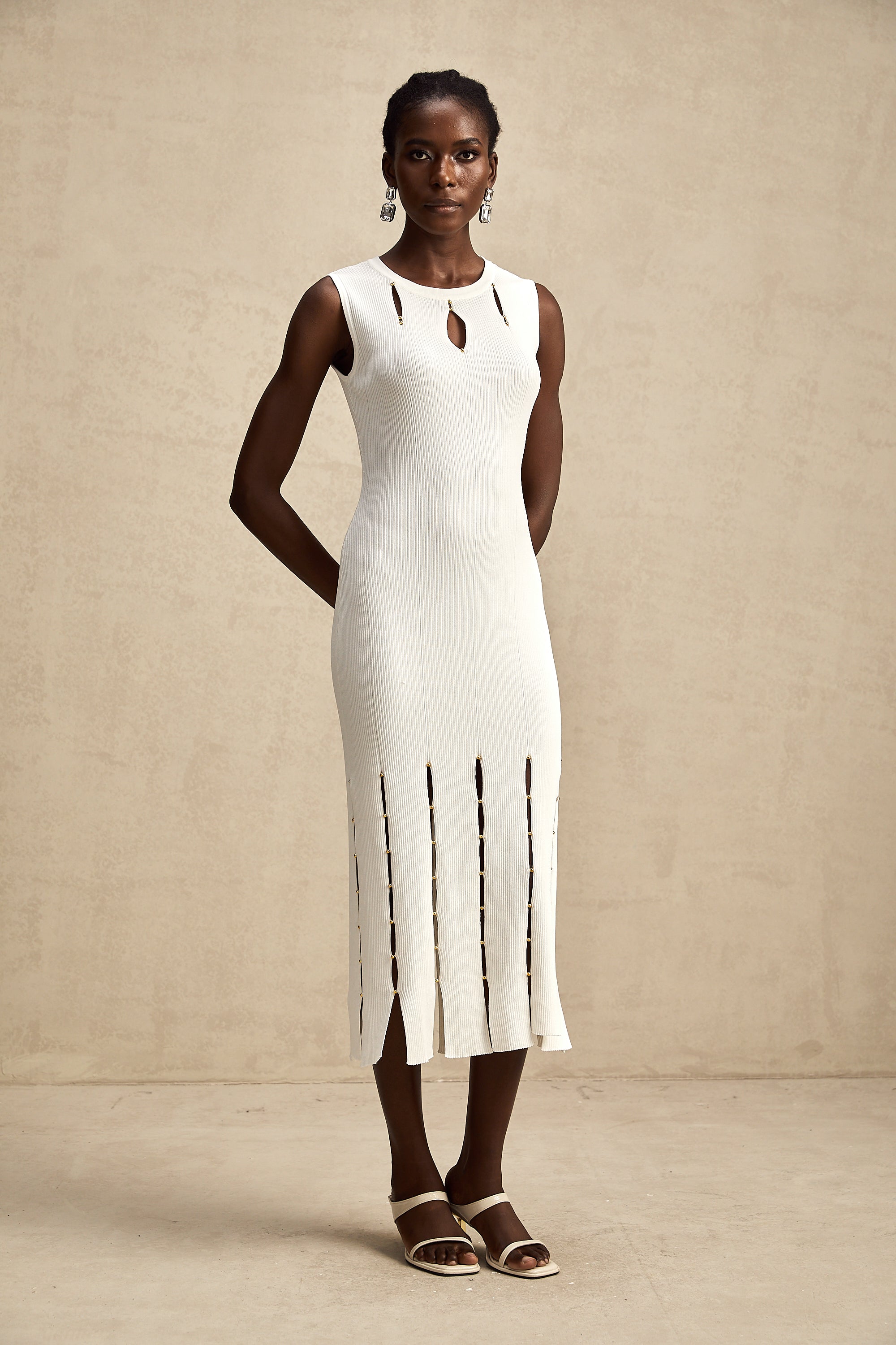 Hilaire white beaded sleeveless cut-out knit midi dress