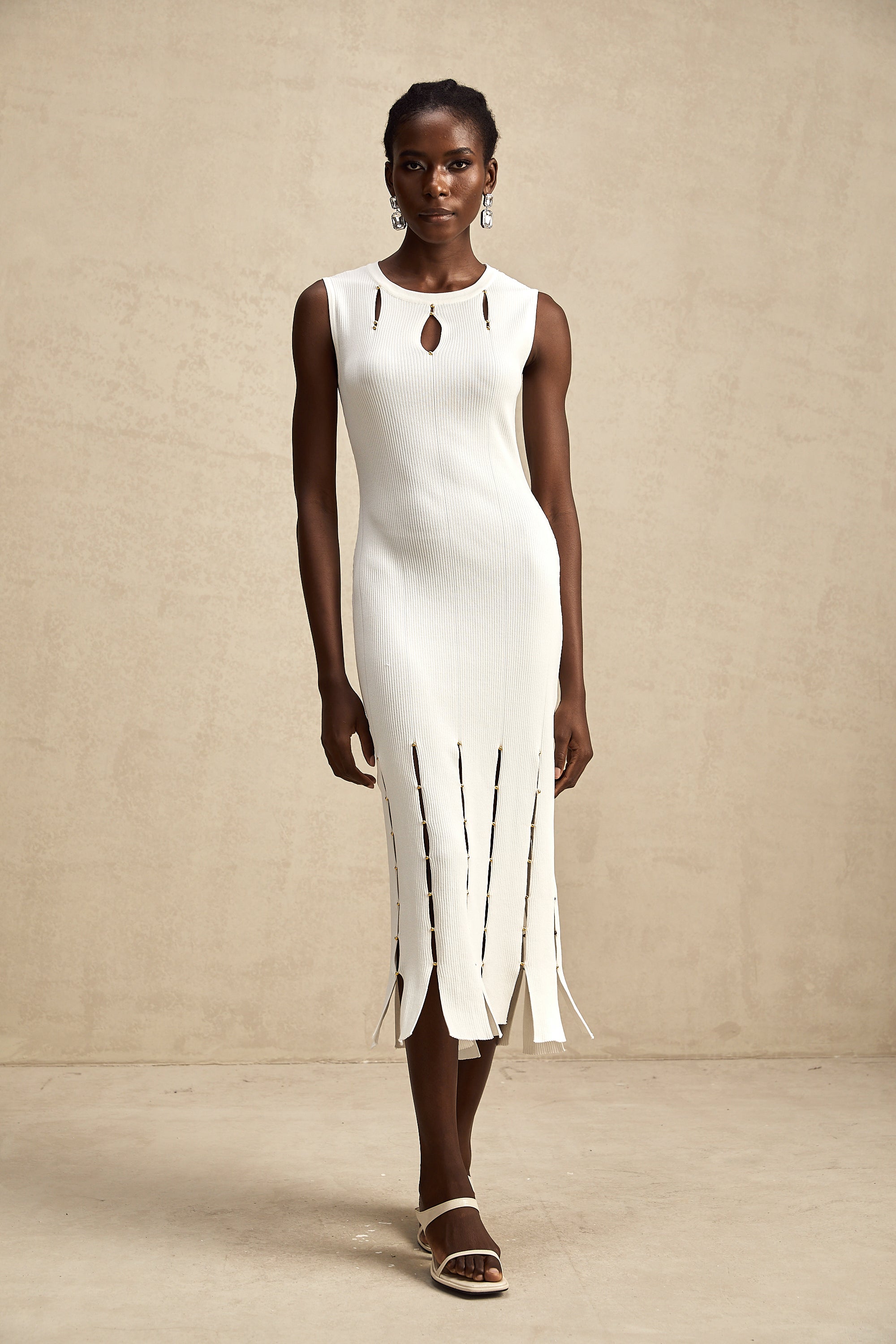 Hilaire white beaded sleeveless cut-out knit midi dress