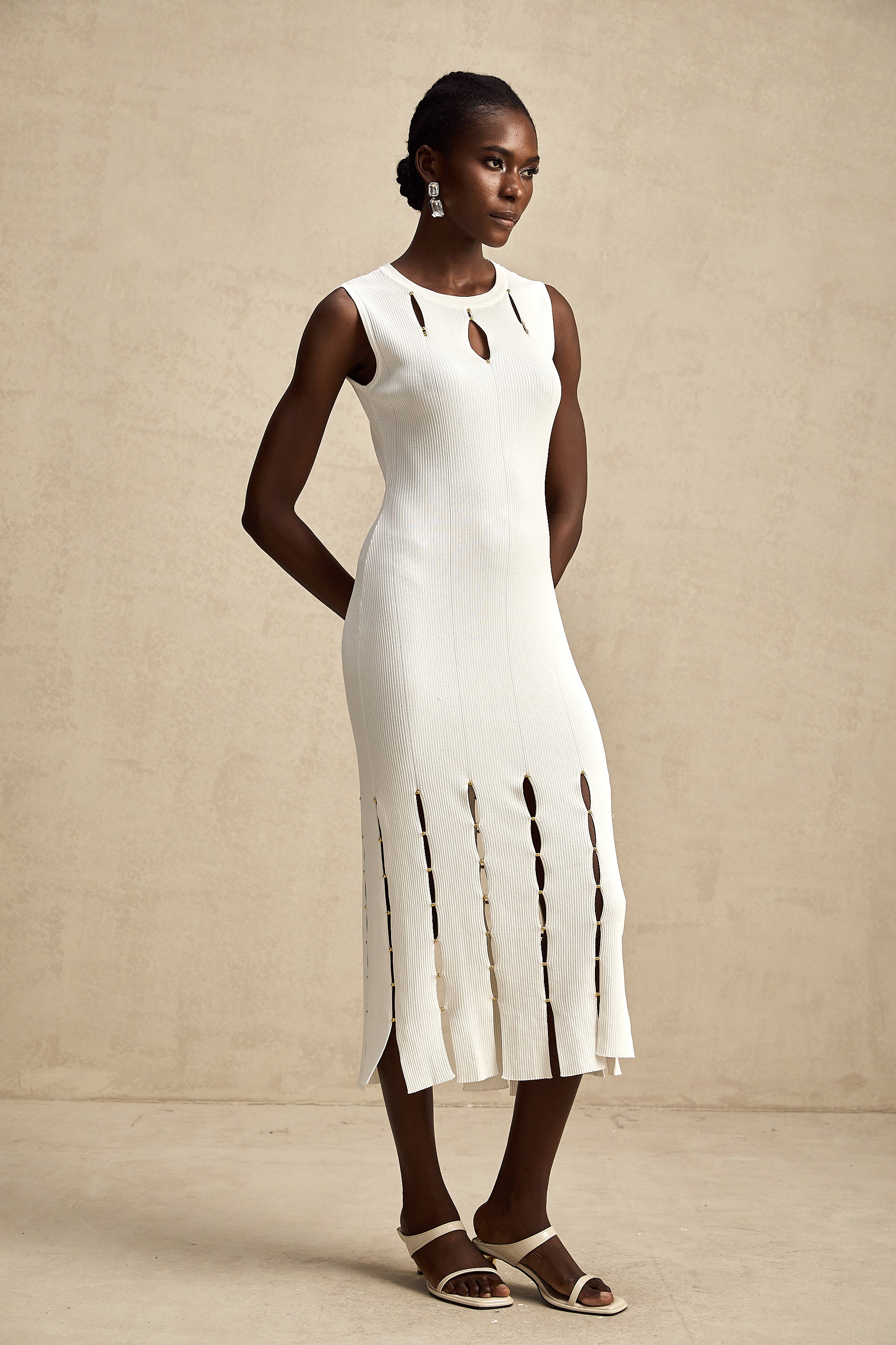 Hilaire white beaded sleeveless cut-out knit midi dress