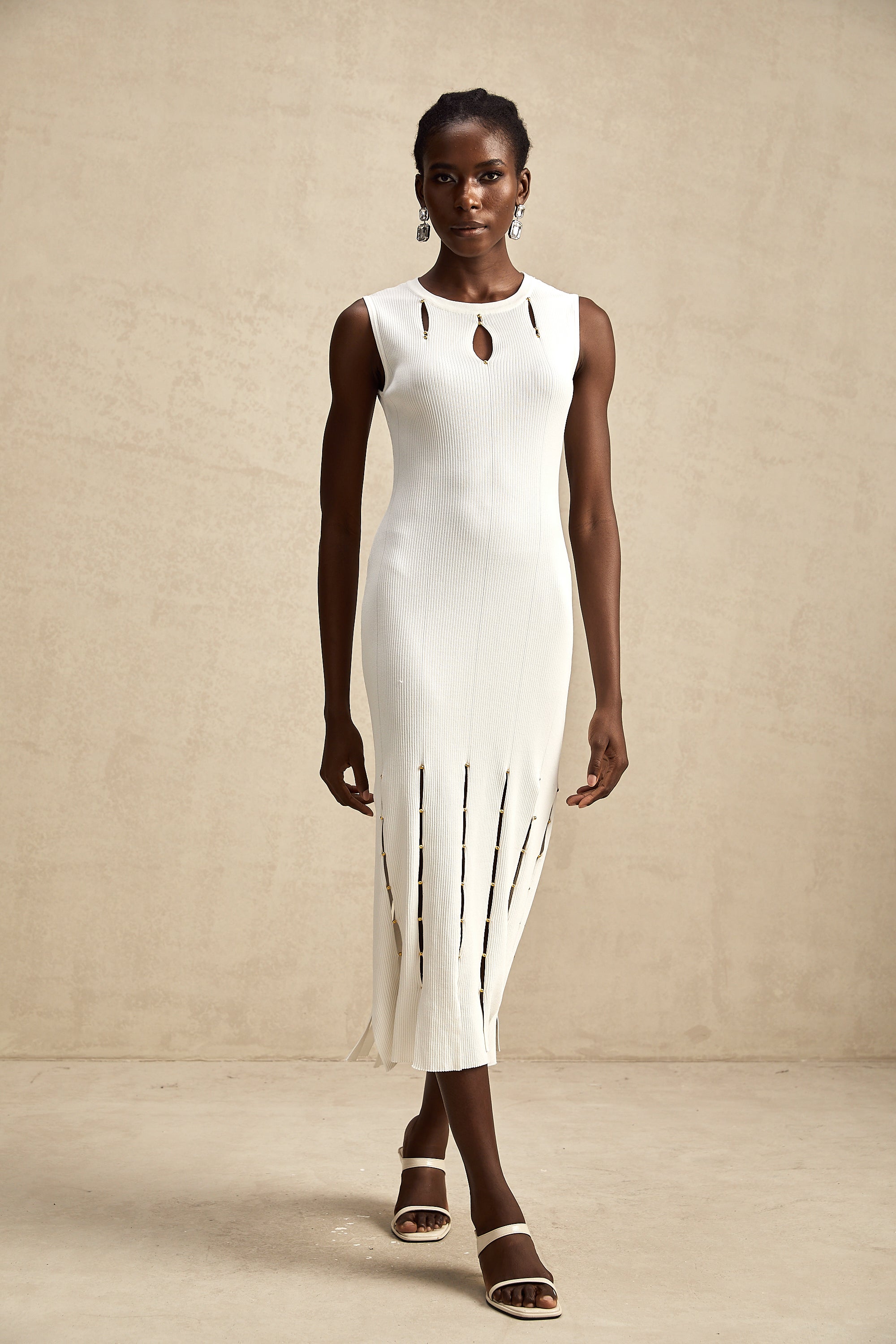 Hilaire white beaded sleeveless cut-out knit midi dress