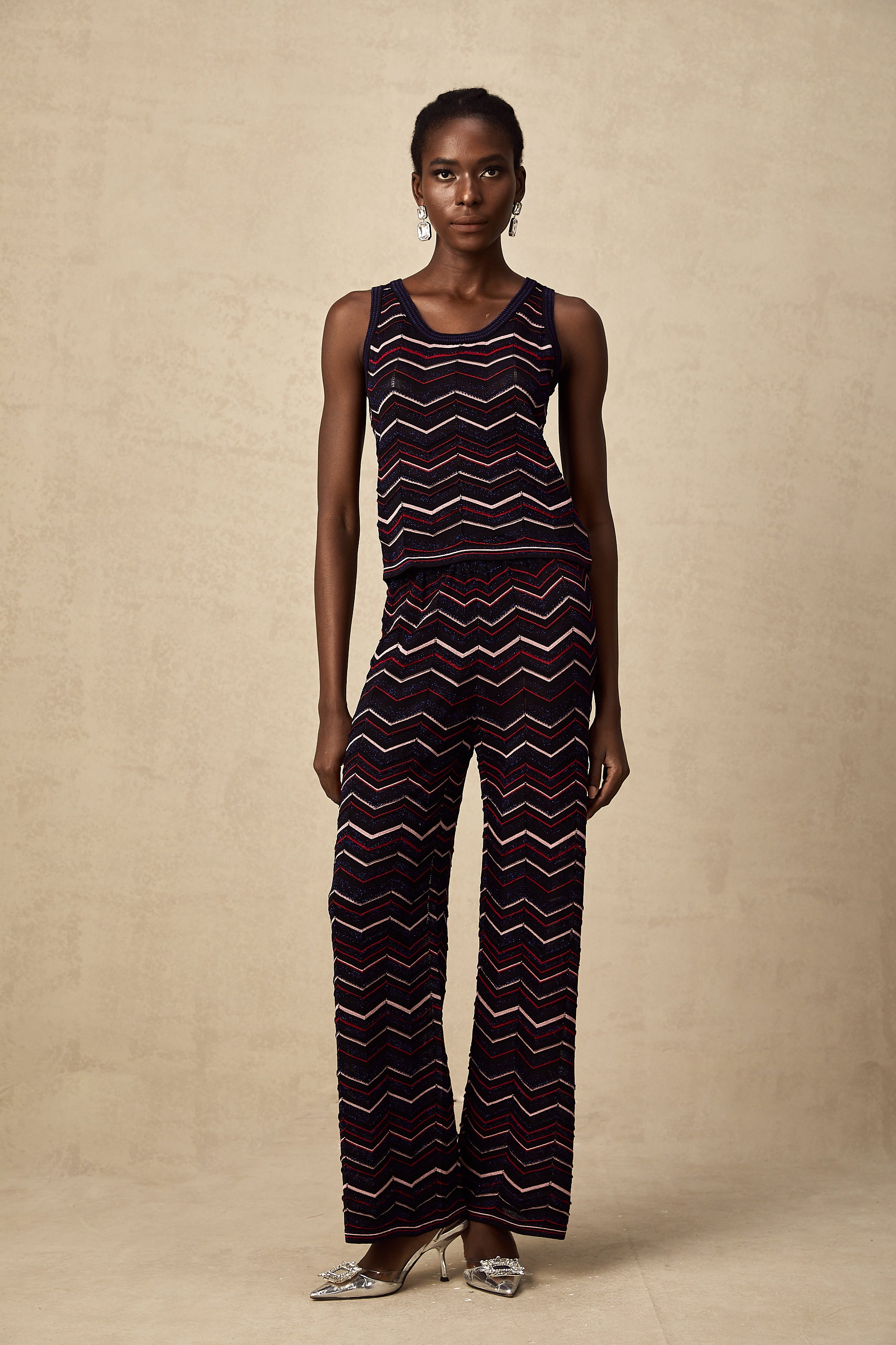 Emmanuelle zigzag-woven crochet-knit top & trousers matching set