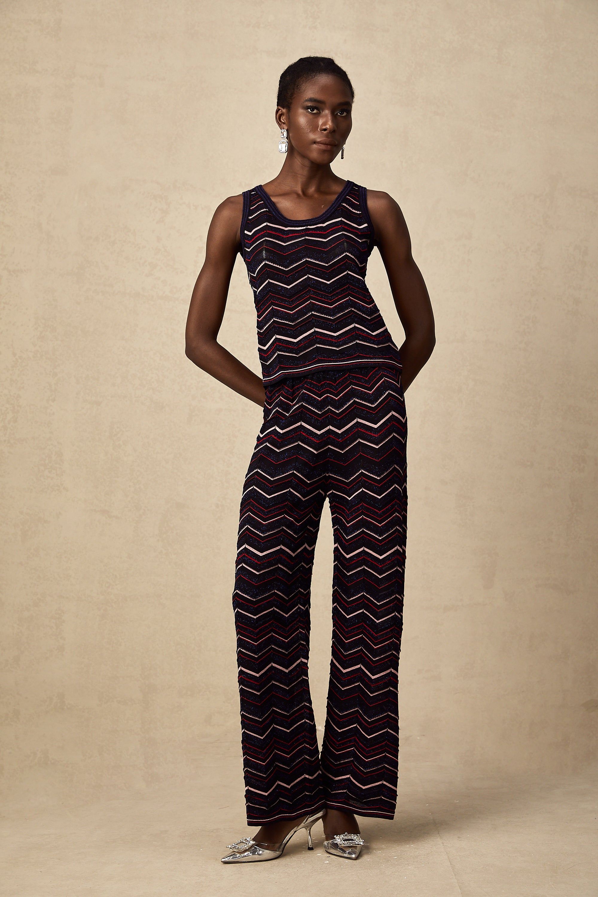 Emmanuelle zigzag-woven crochet-knit top & trousers matching set