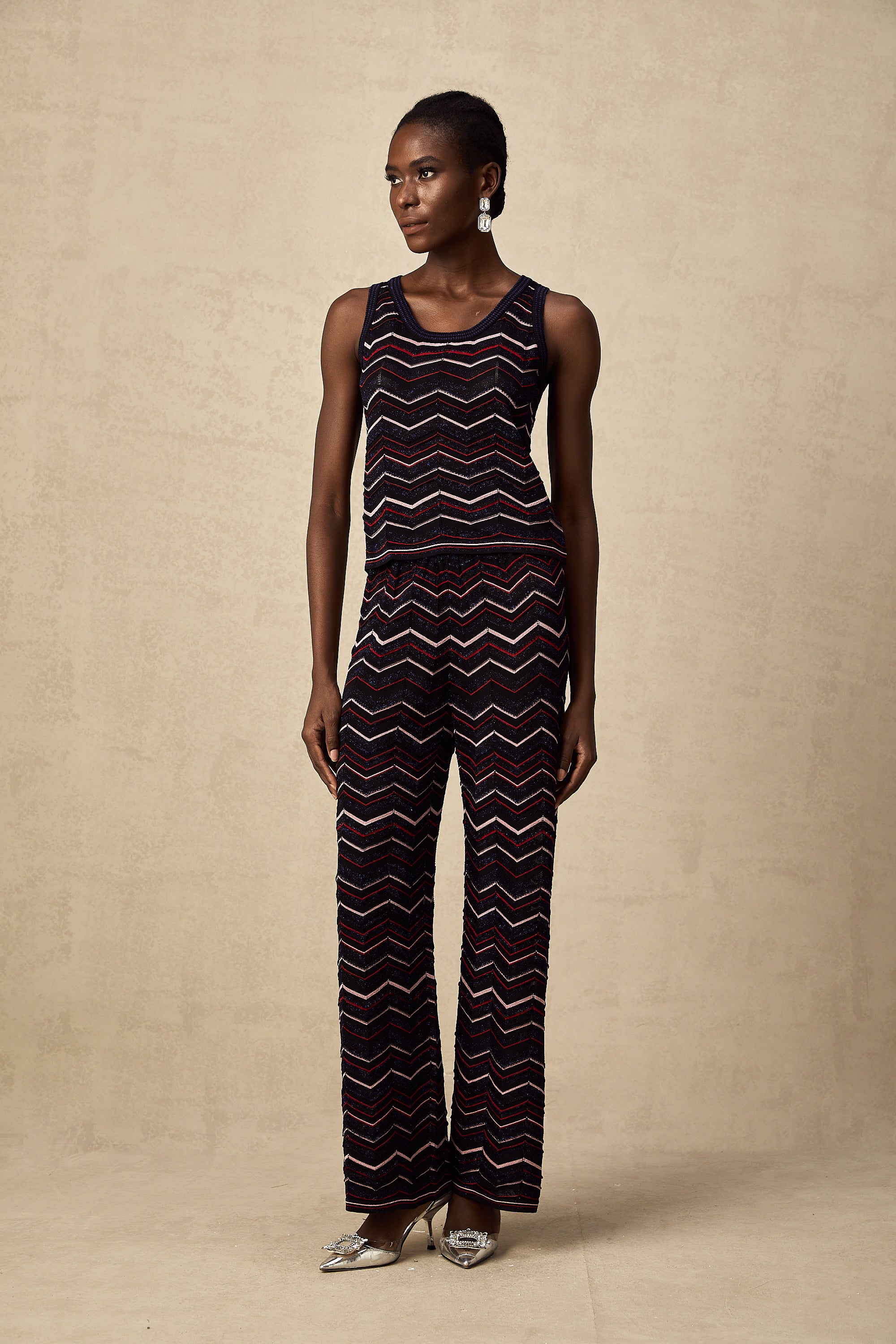 Emmanuelle zigzag-woven crochet-knit top & trousers matching set