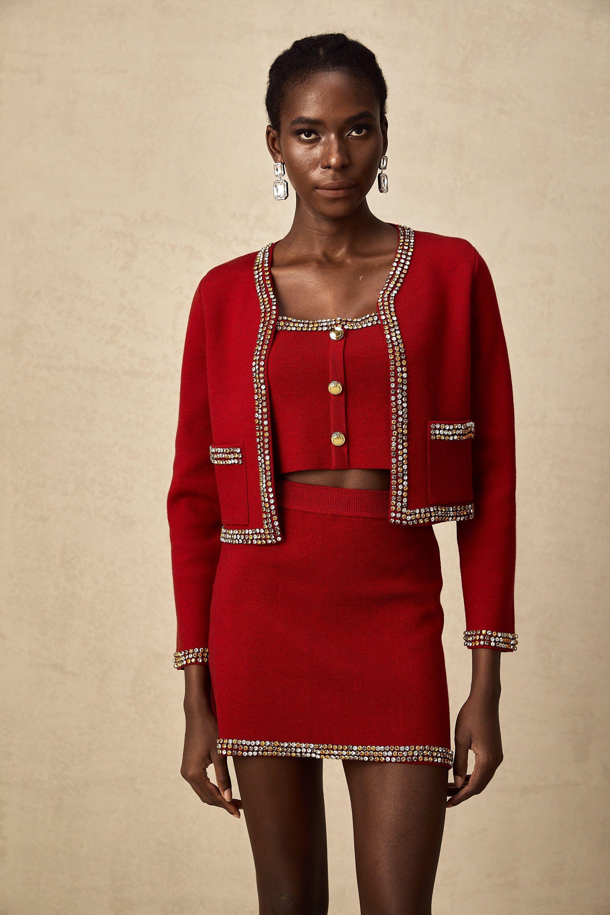 Lotus red stud knitted cardigan & vest & skirt matching set