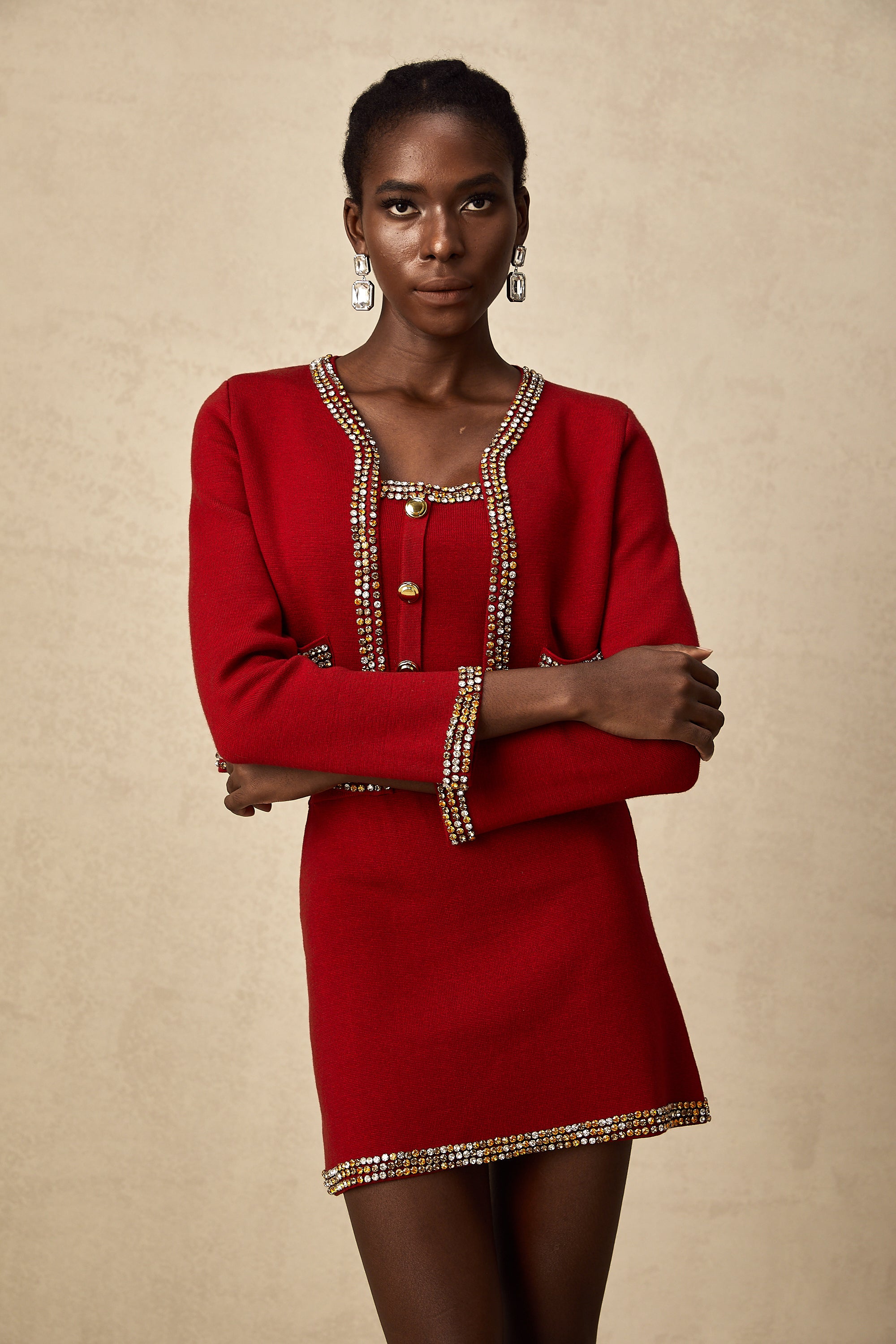 Lotus red stud knitted cardigan & vest & skirt matching set