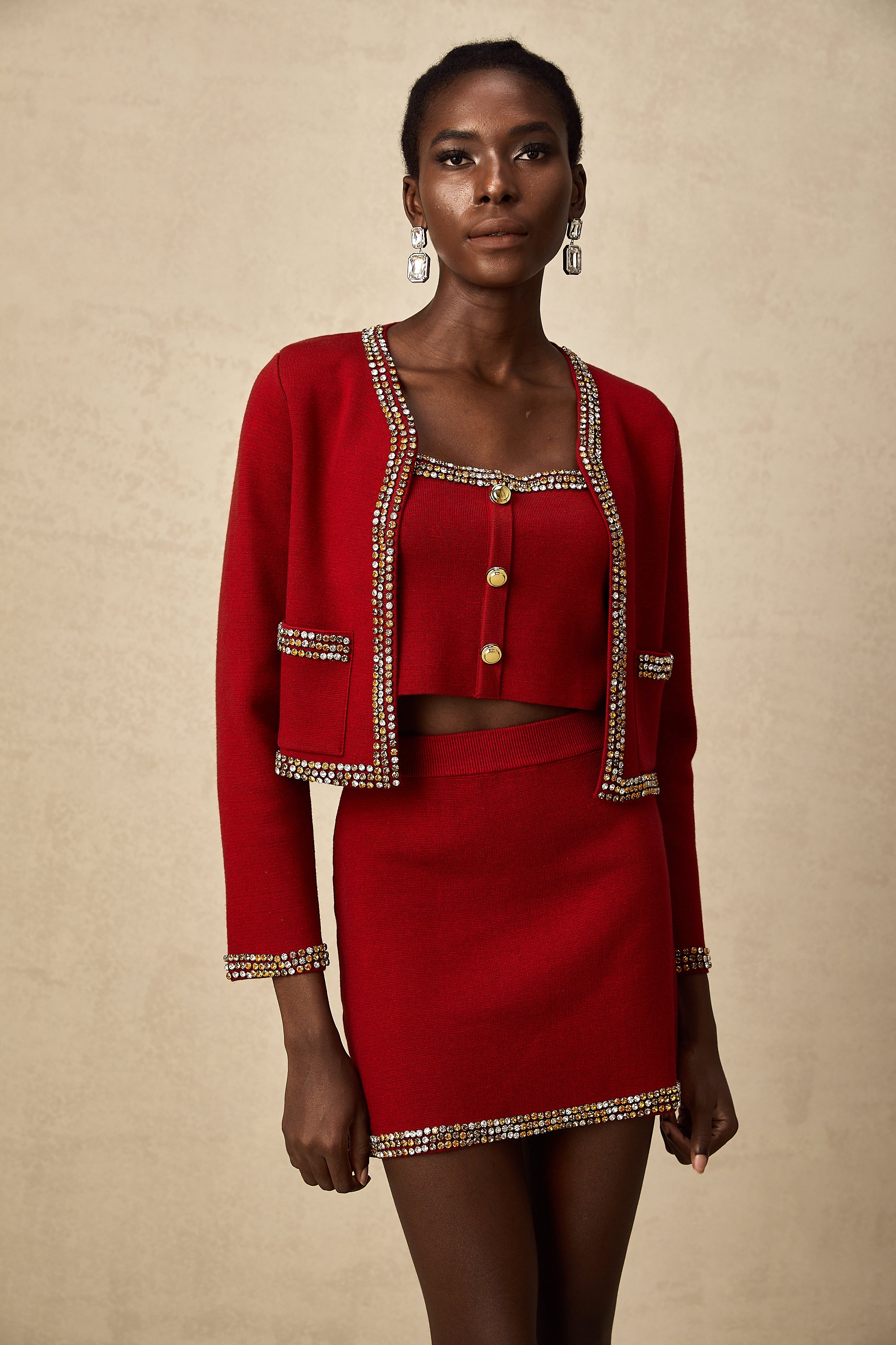 Lotus red stud knitted cardigan & vest & skirt matching set