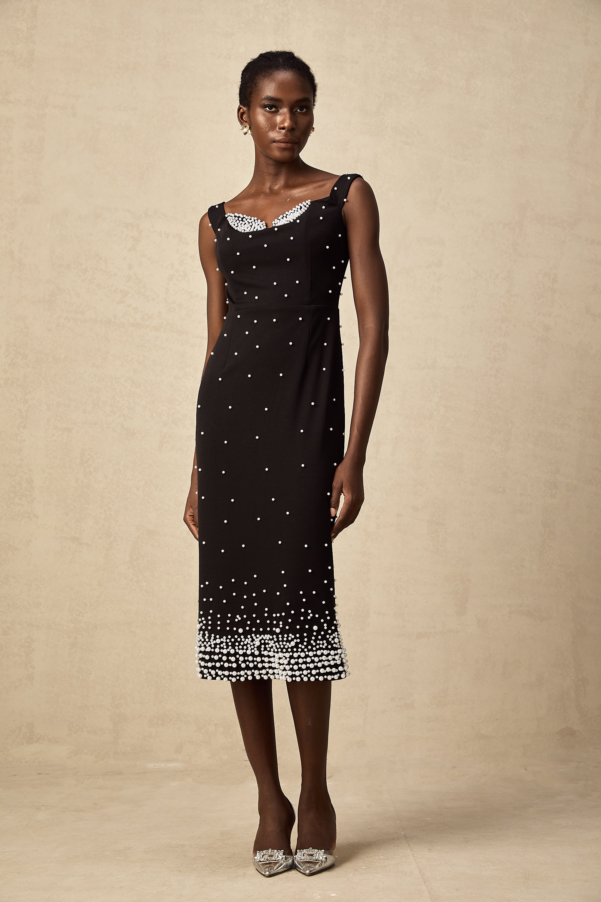 Apolline black faux-pearl embellished midi dress