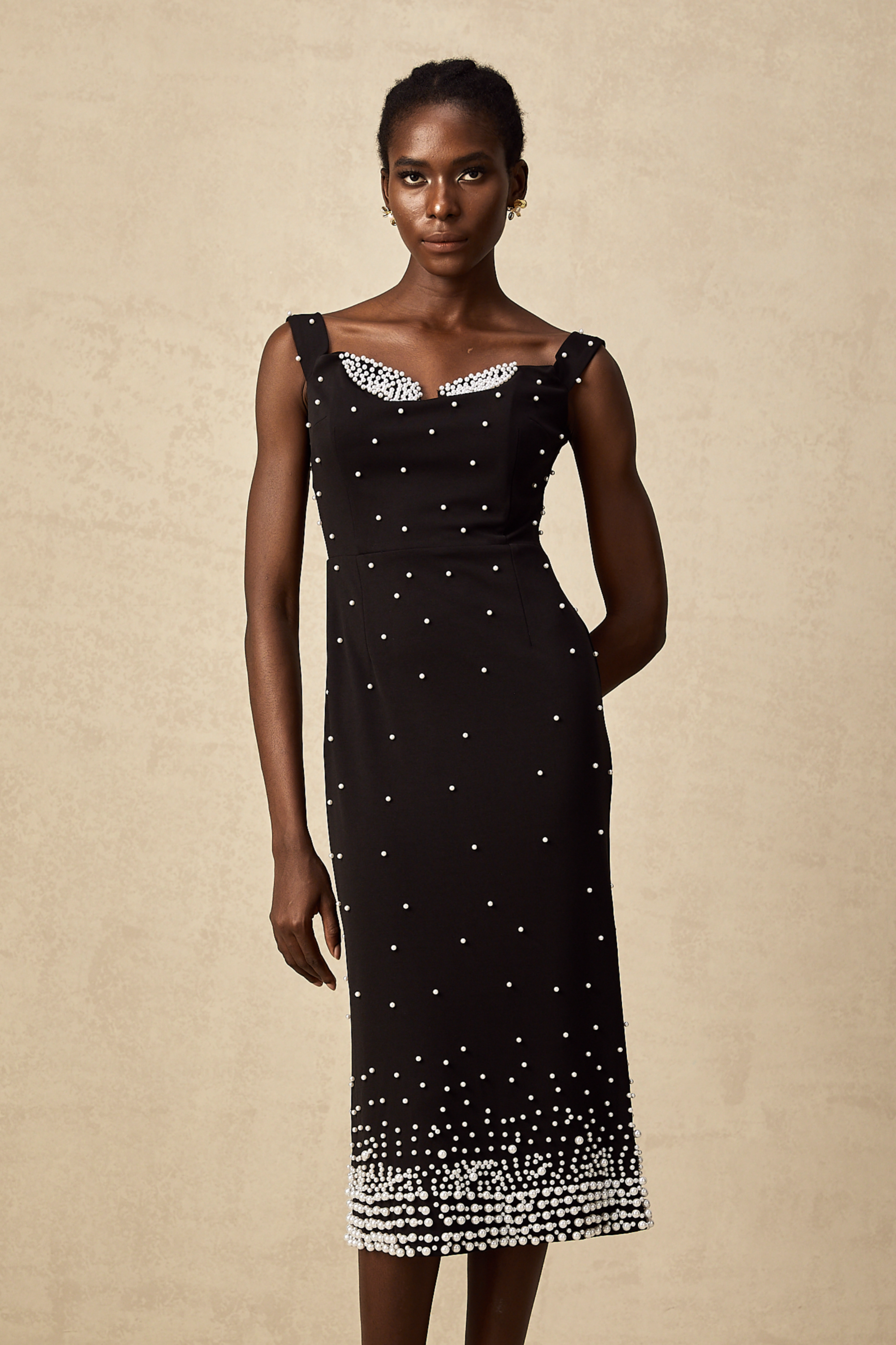 Apolline black faux-pearl embellished midi dress