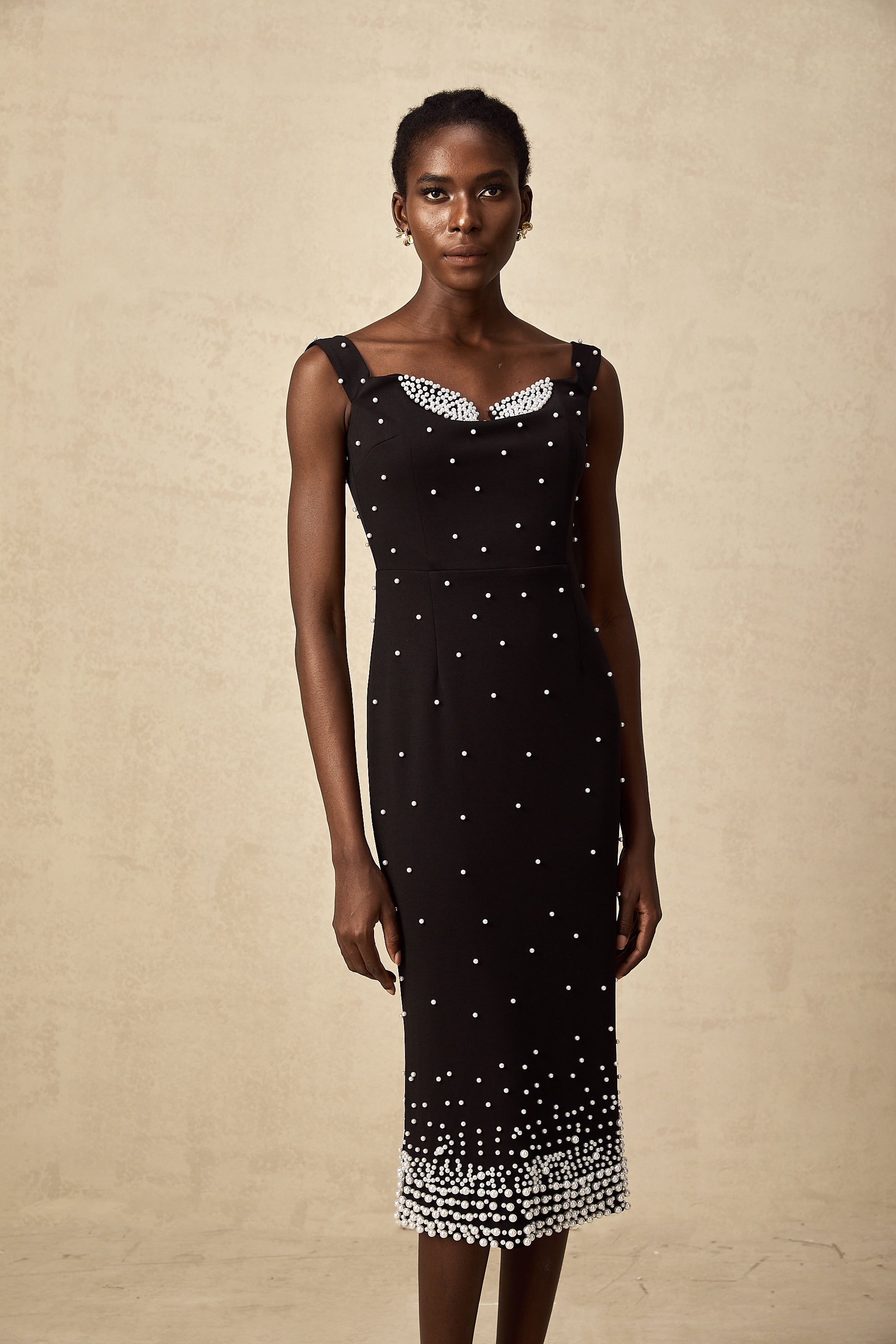 Apolline black faux-pearl embellished midi dress