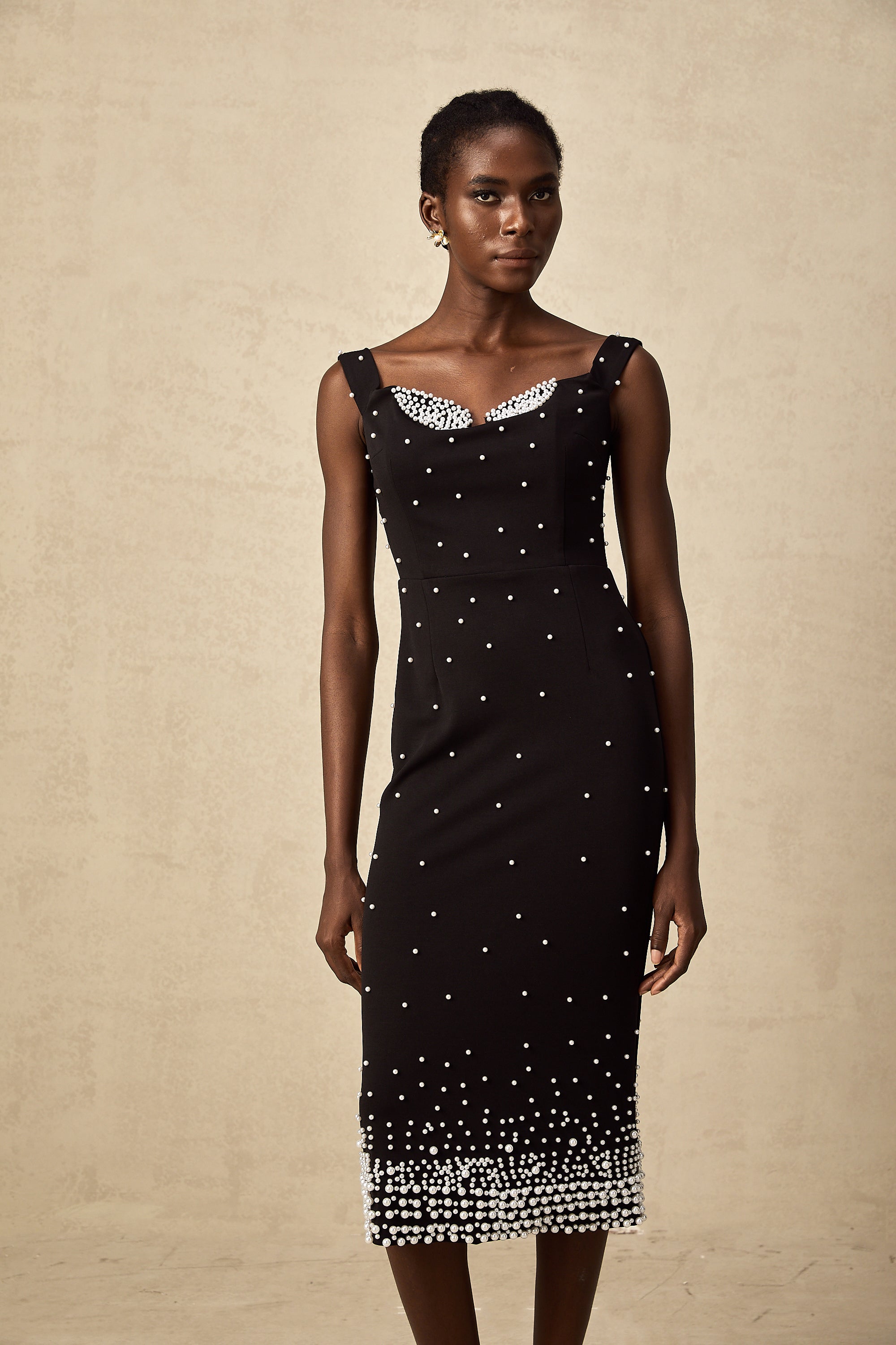 Apolline black faux-pearl embellished midi dress