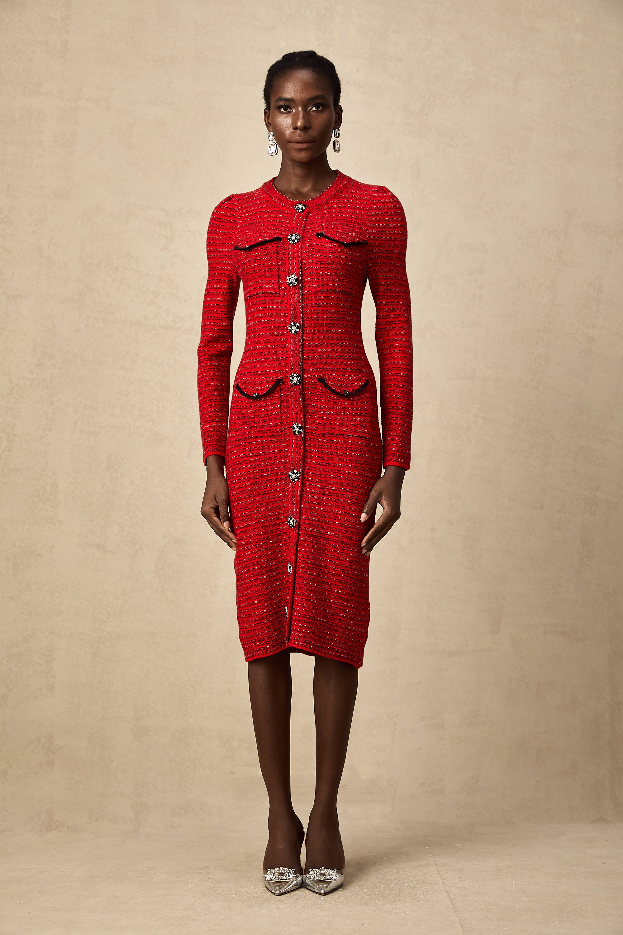 Faustine red embellished knit midi dress