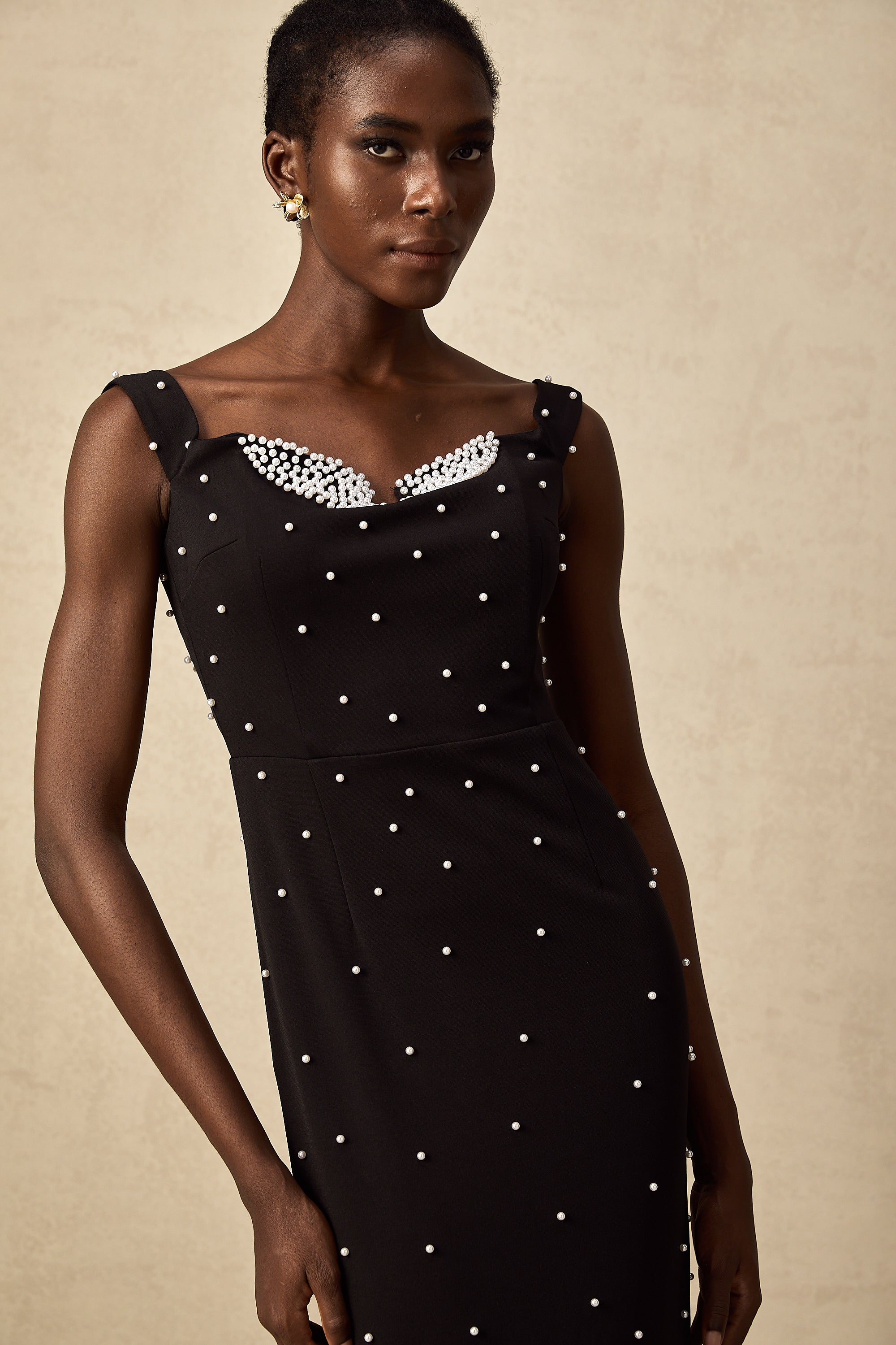 Apolline black faux-pearl embellished midi dress