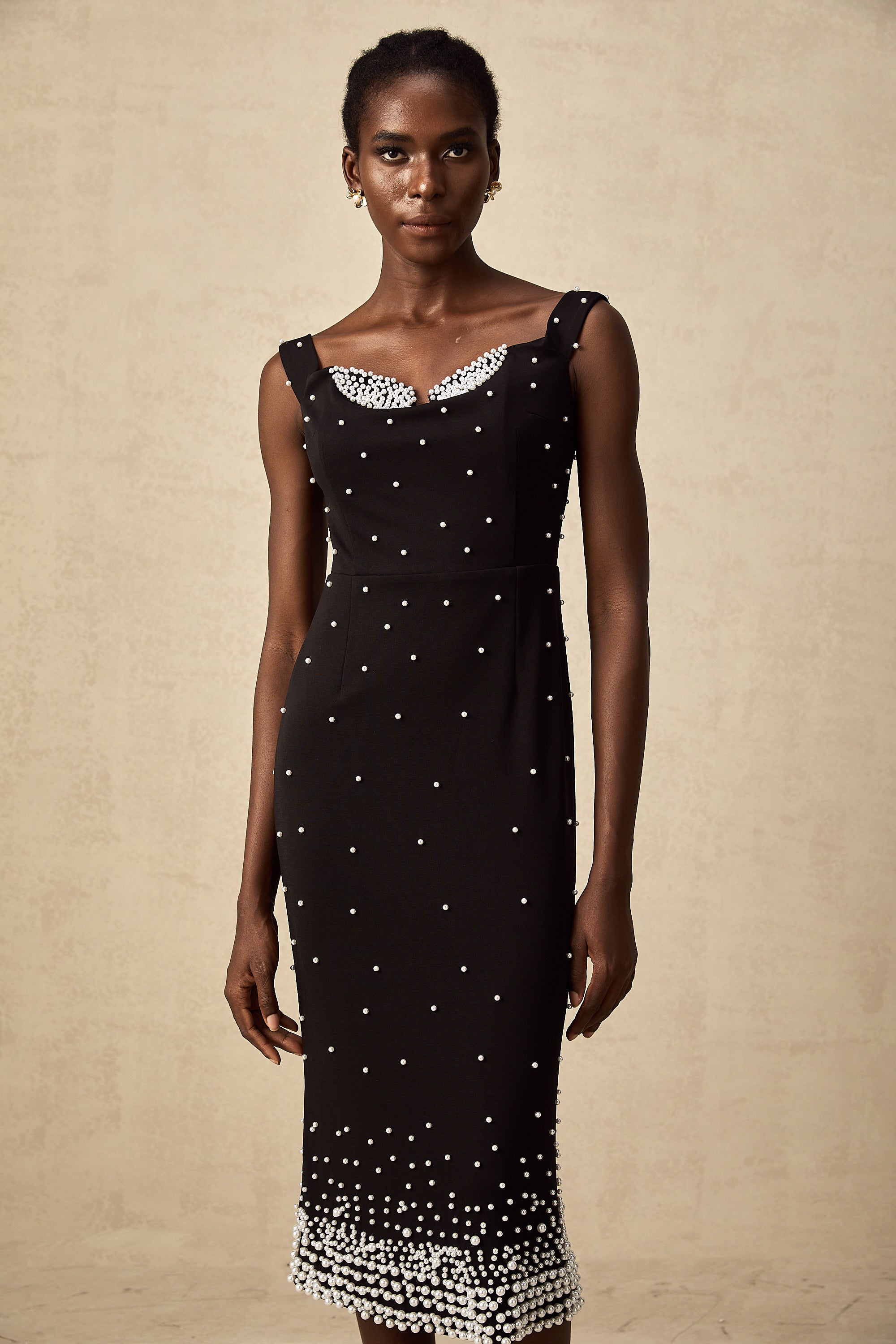 Apolline black faux-pearl embellished midi dress