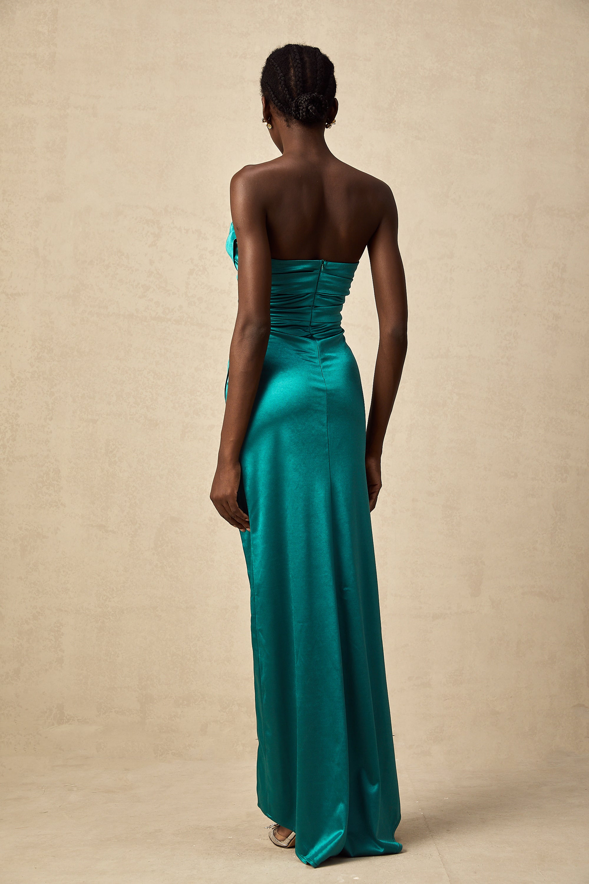 Capucine green satin pleated maxi dress