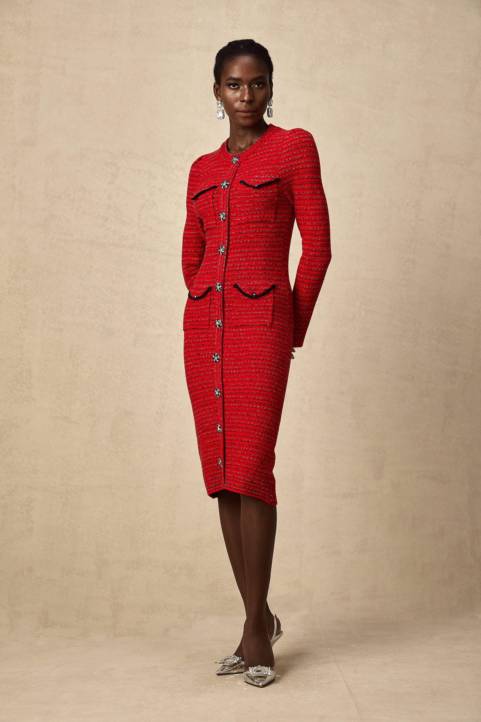 Faustine red embellished knit midi dress