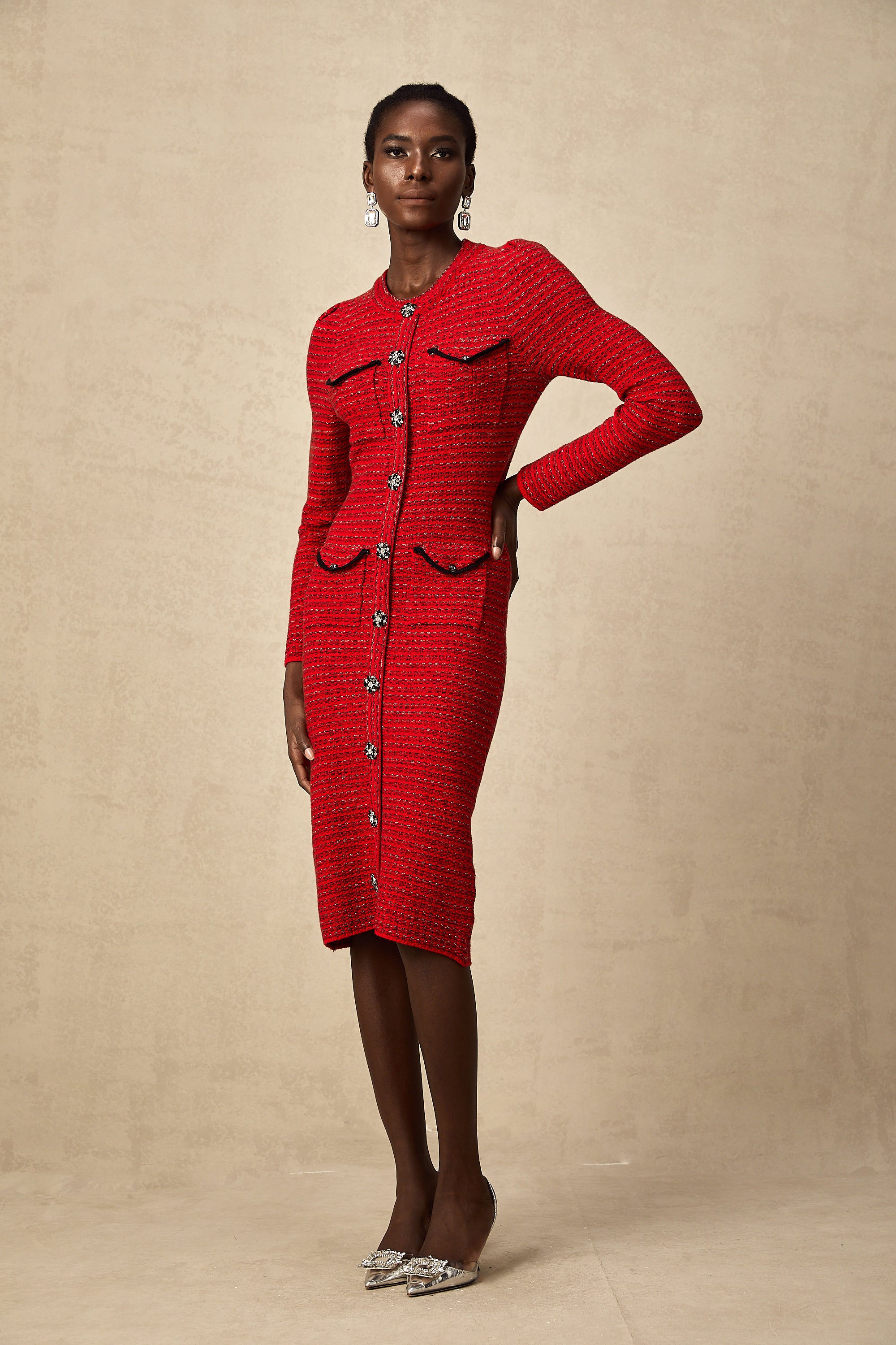 Faustine red embellished knit midi dress