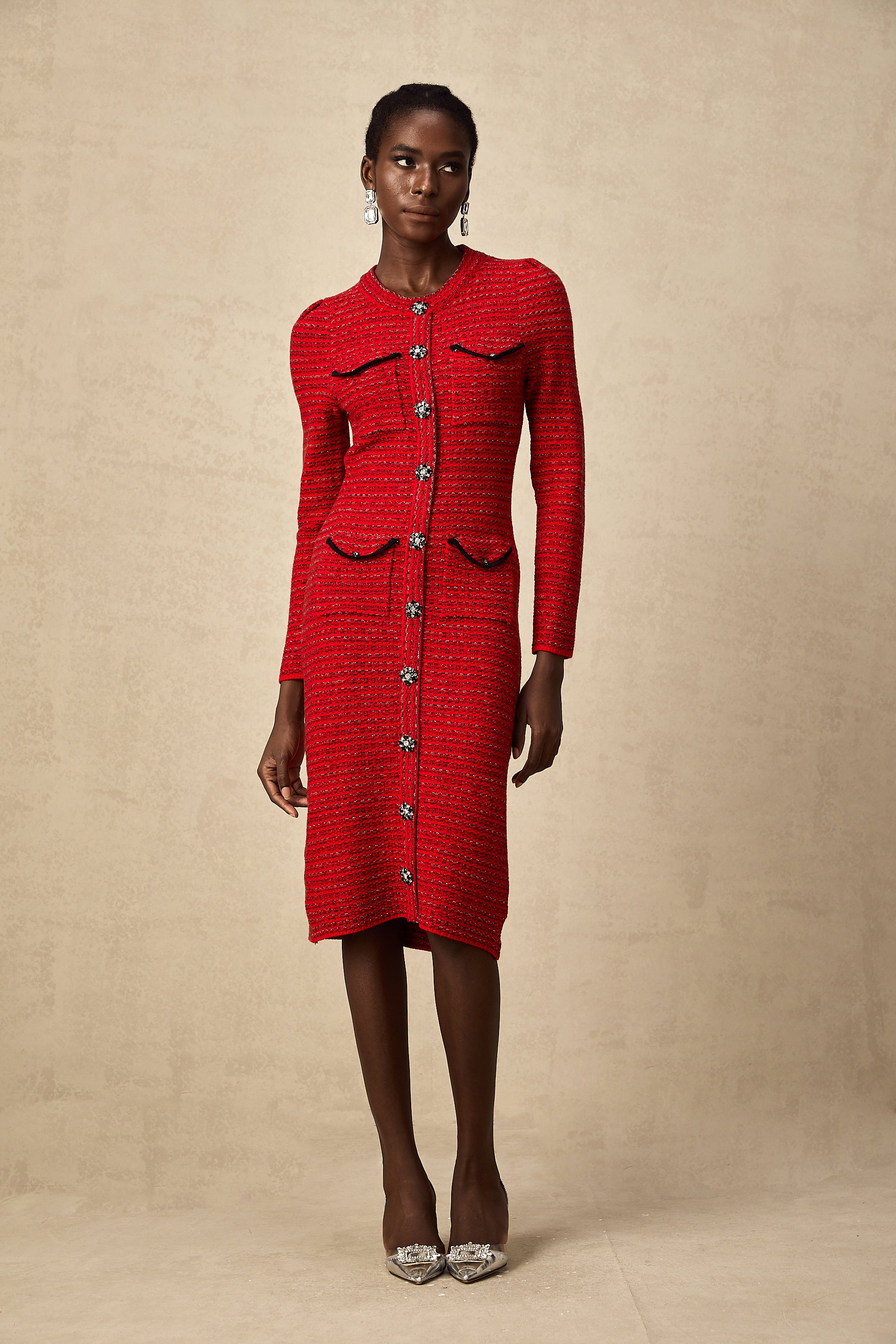 Faustine red embellished knit midi dress