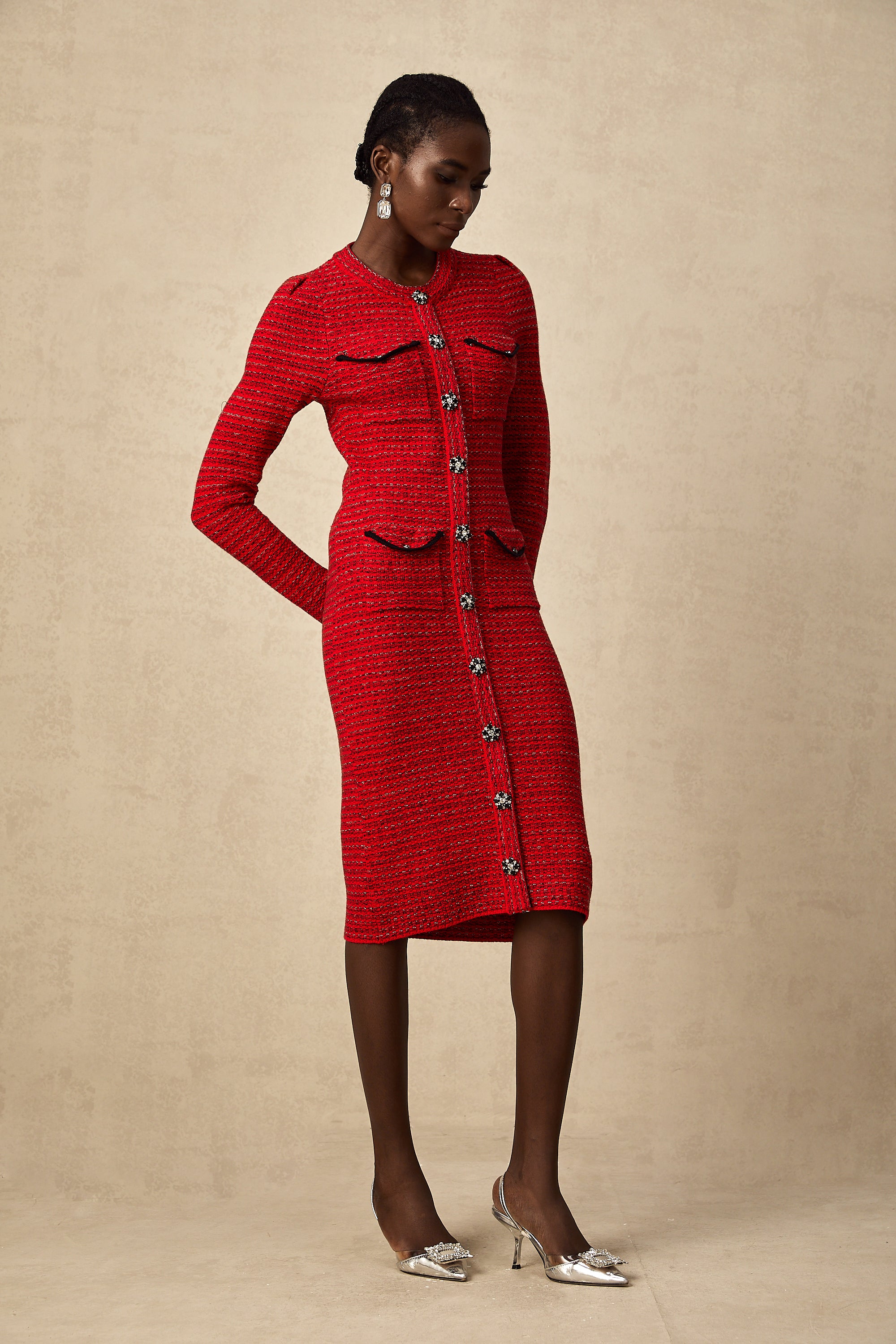 Faustine red embellished knit midi dress