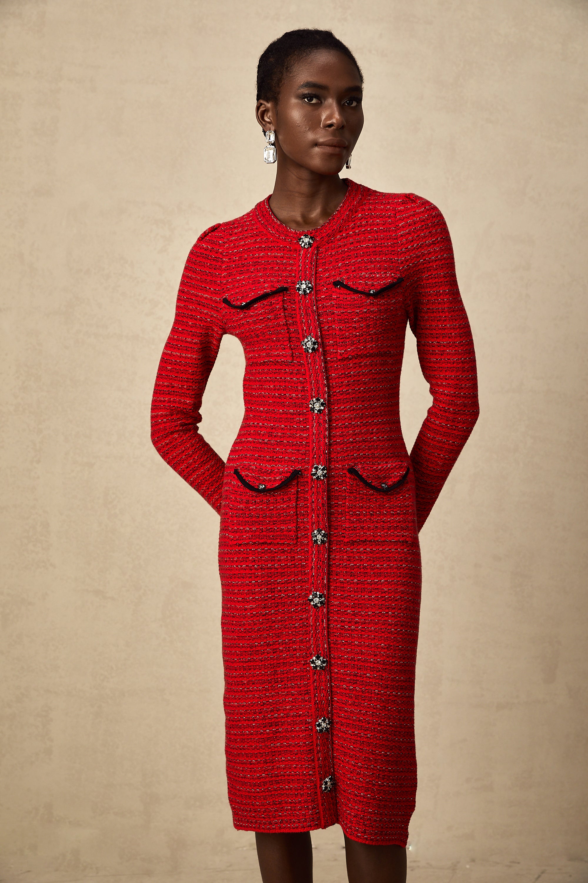 Faustine red embellished knit midi dress