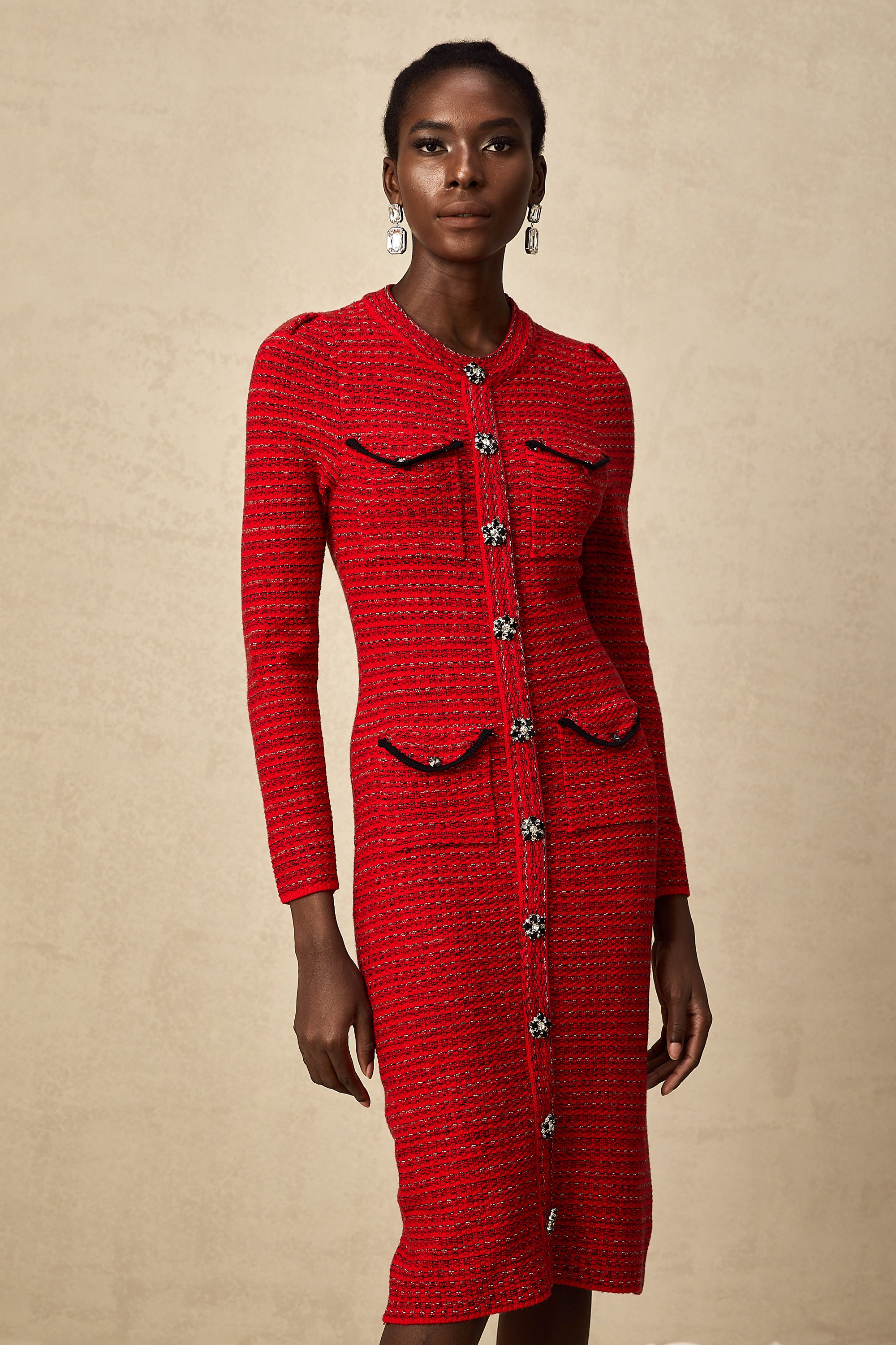 Faustine red embellished knit midi dress