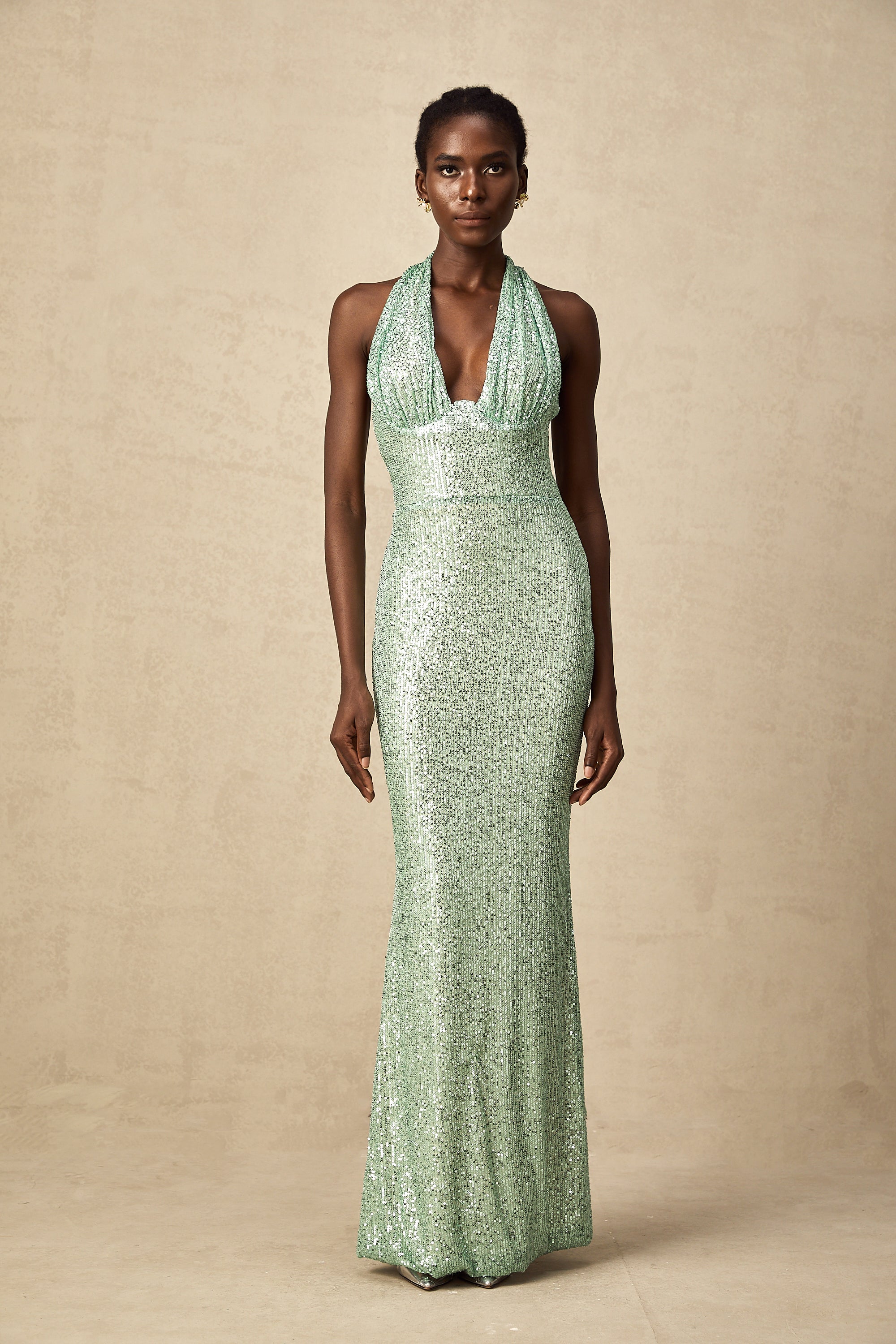 Éléonore green sequin-embellished V-neck maxi dress