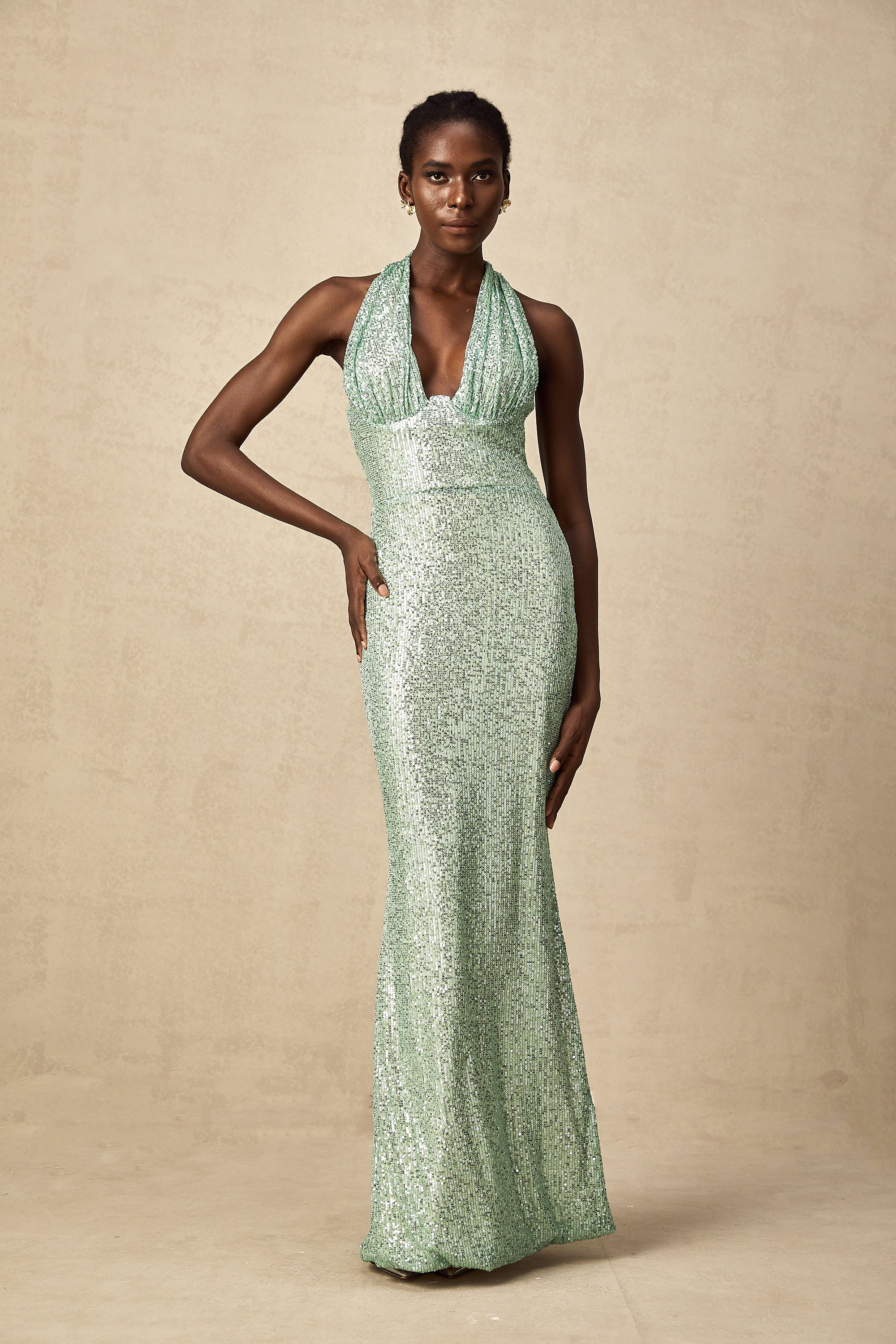 Éléonore green sequin-embellished V-neck maxi dress