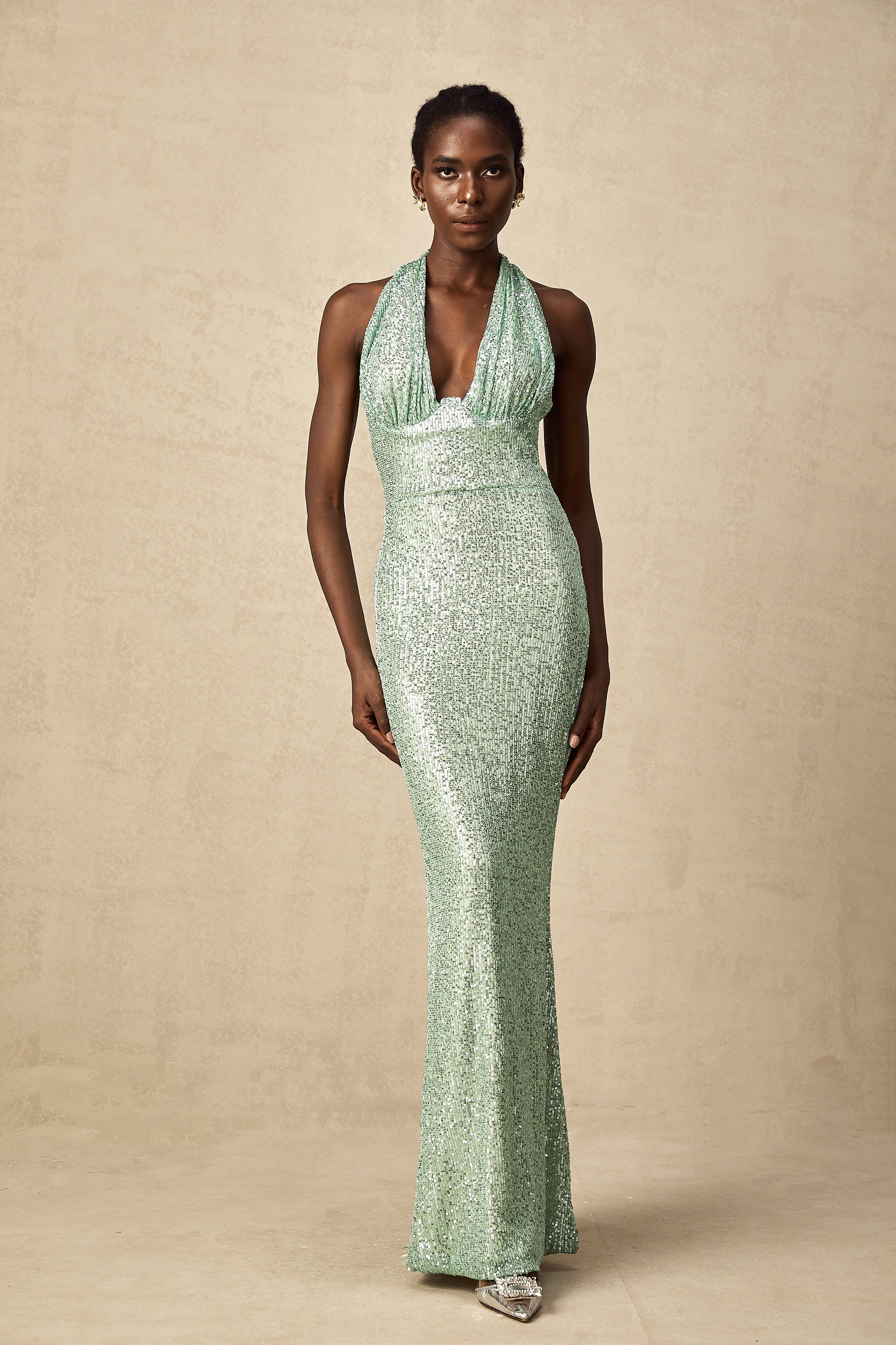 Éléonore green sequin-embellished V-neck maxi dress