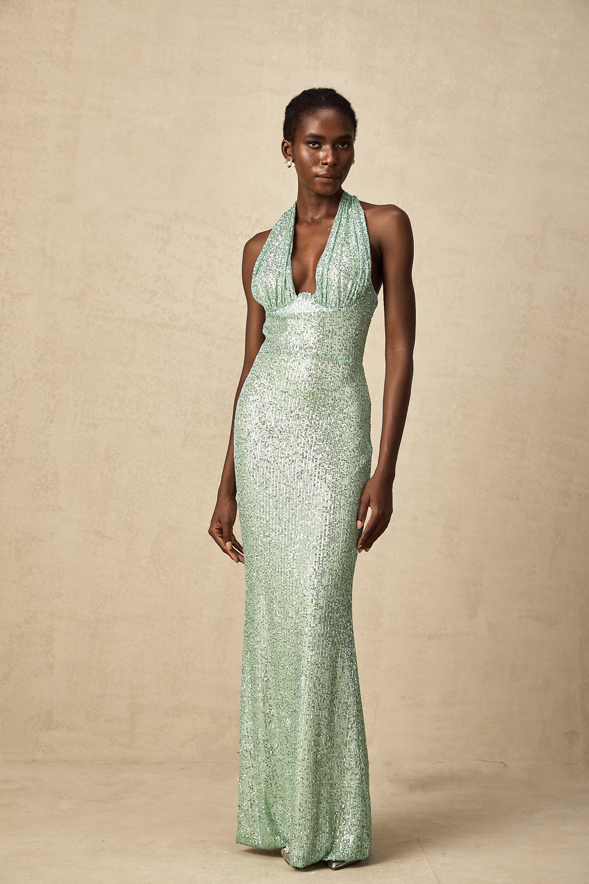 Éléonore green sequin-embellished V-neck maxi dress