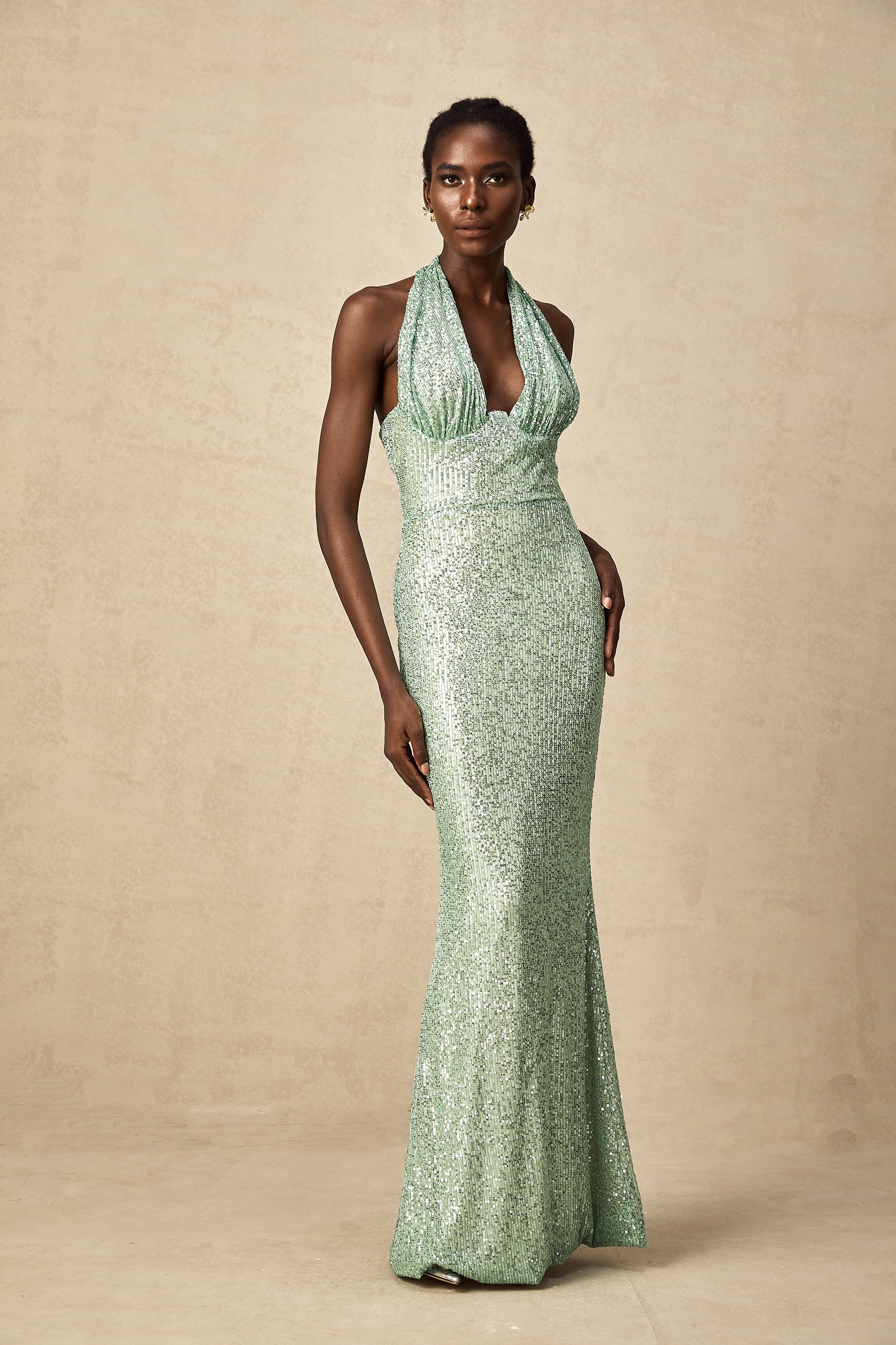 Éléonore green sequin-embellished V-neck maxi dress