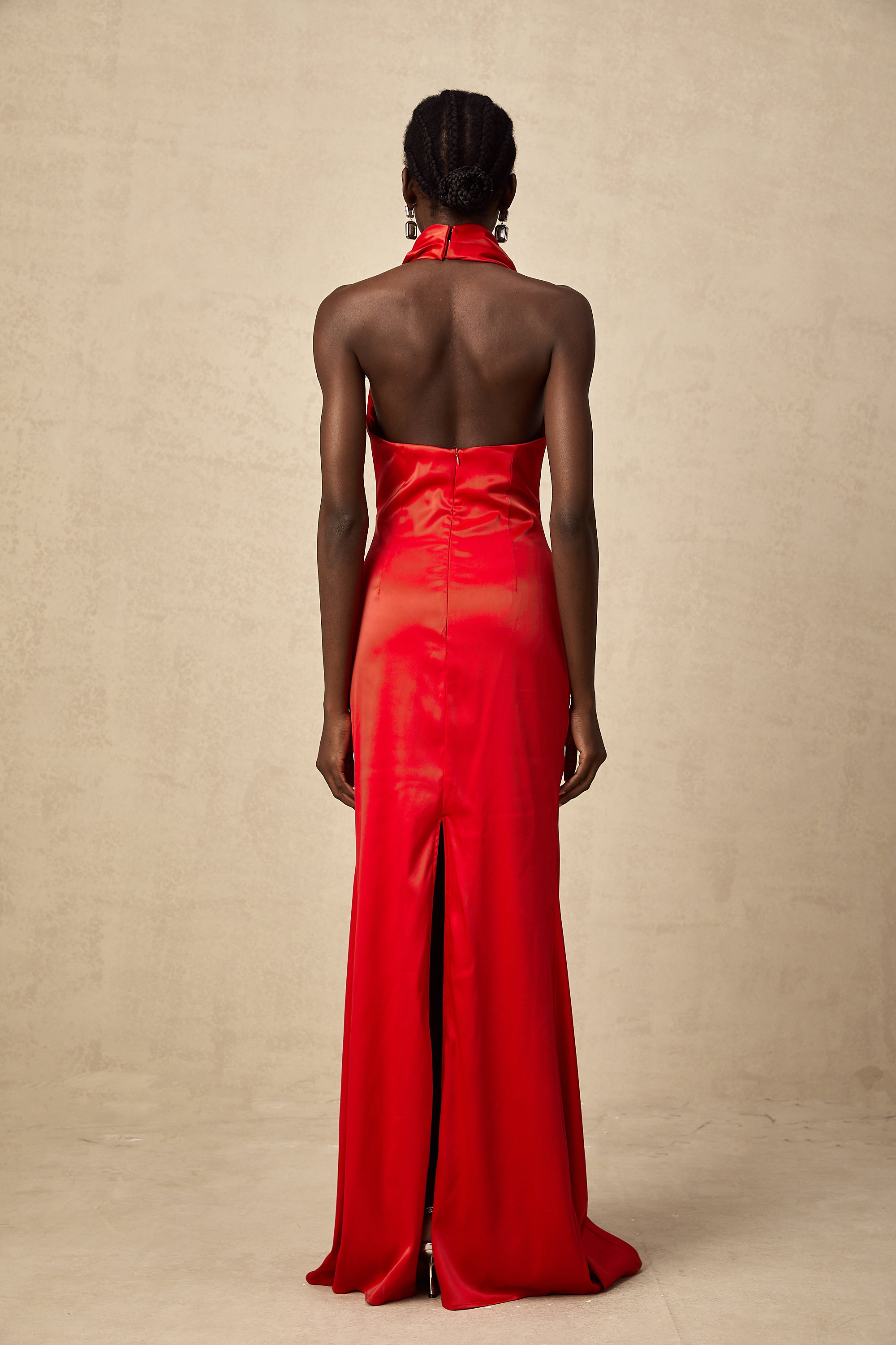 Alix red halterneck draped satin maxi dress