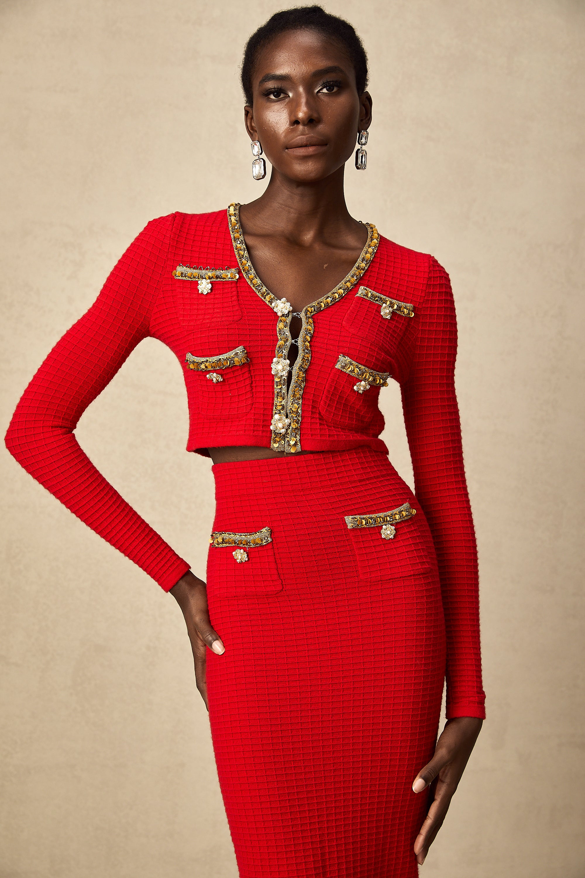 Axelle red embellished knitted cardigan & skirt matching set