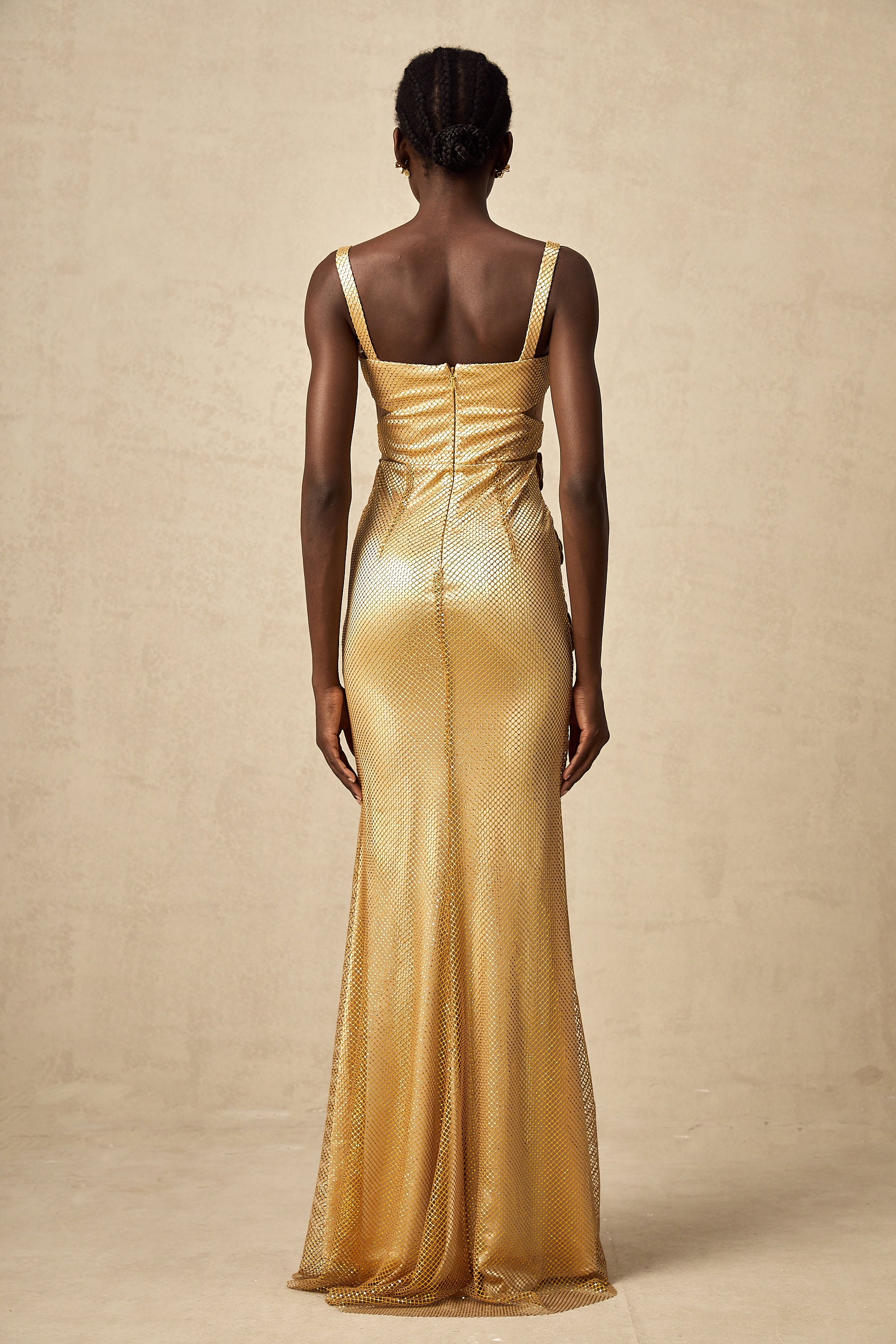 Giulia gold faux-flower cut-out maxi dress