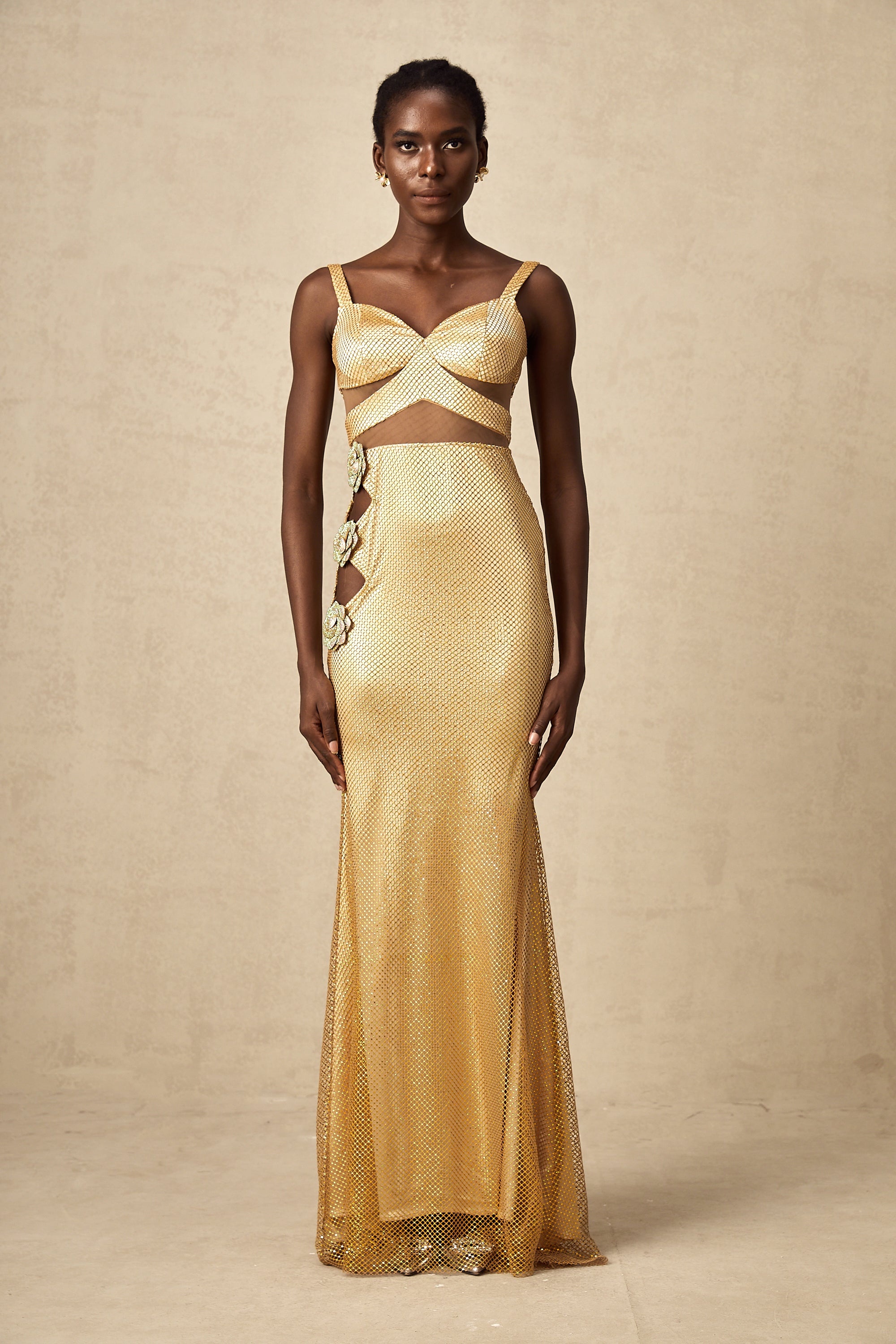 Giulia gold faux-flower cut-out maxi dress