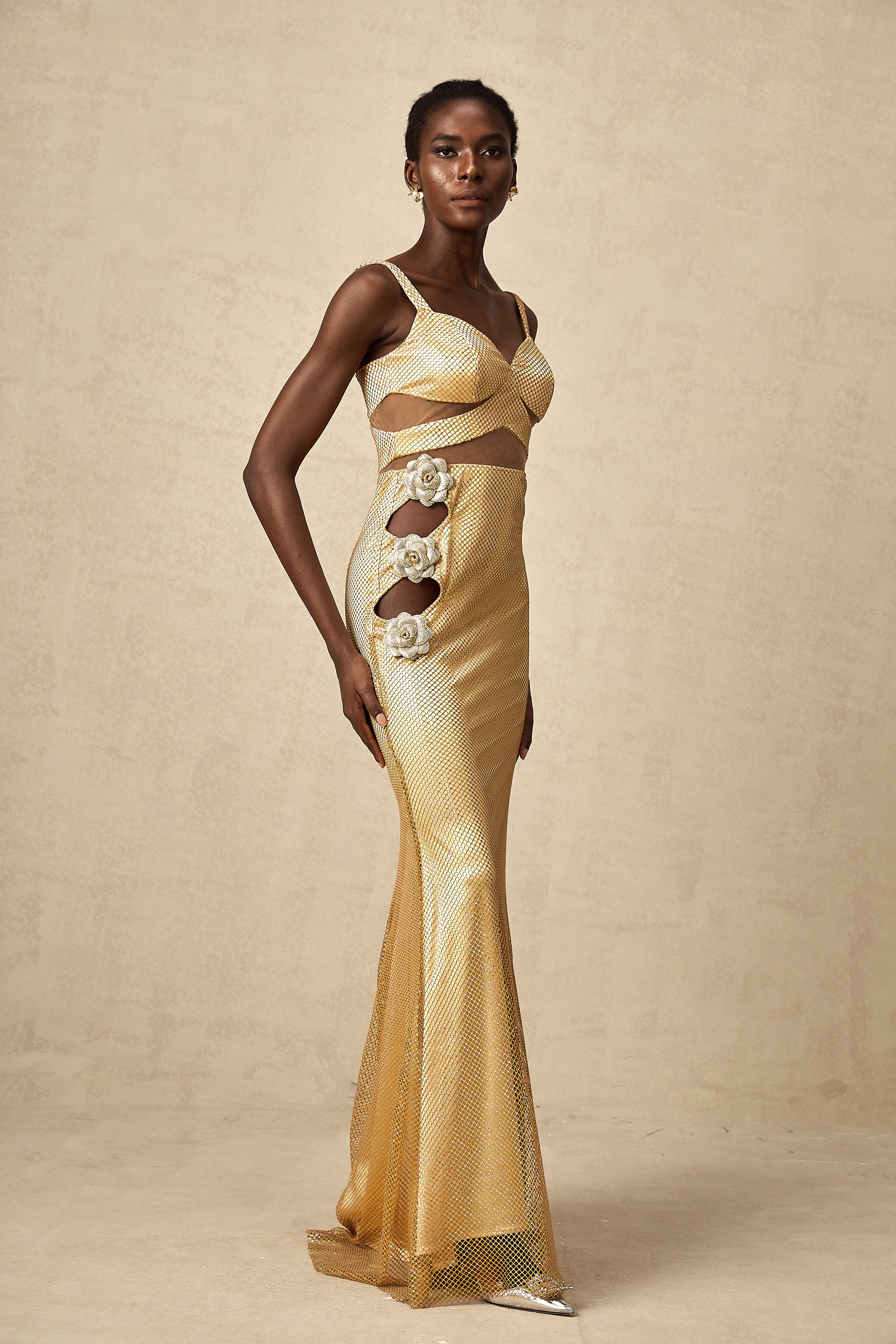 Giulia gold faux-flower cut-out maxi dress