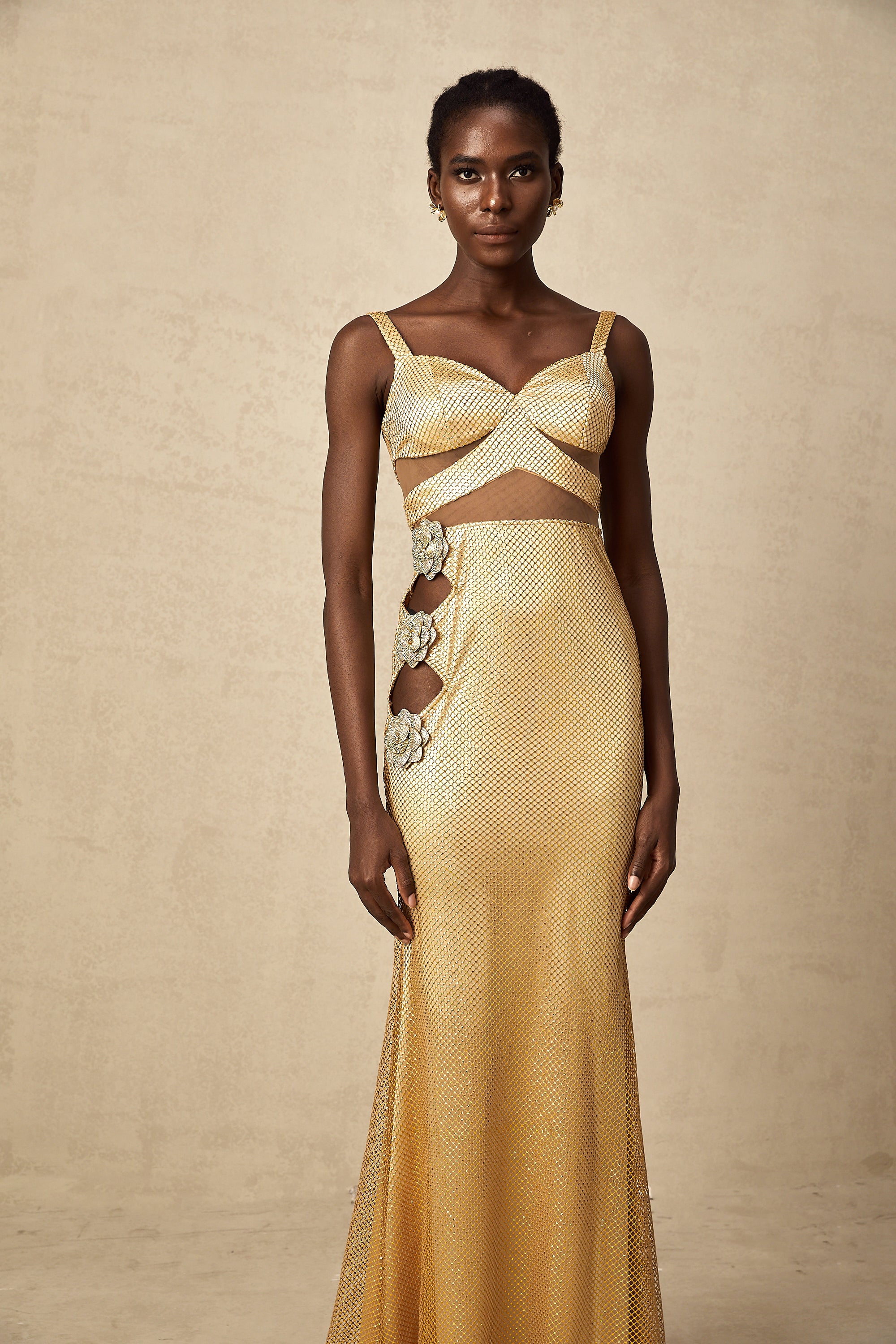 Giulia gold faux-flower cut-out maxi dress