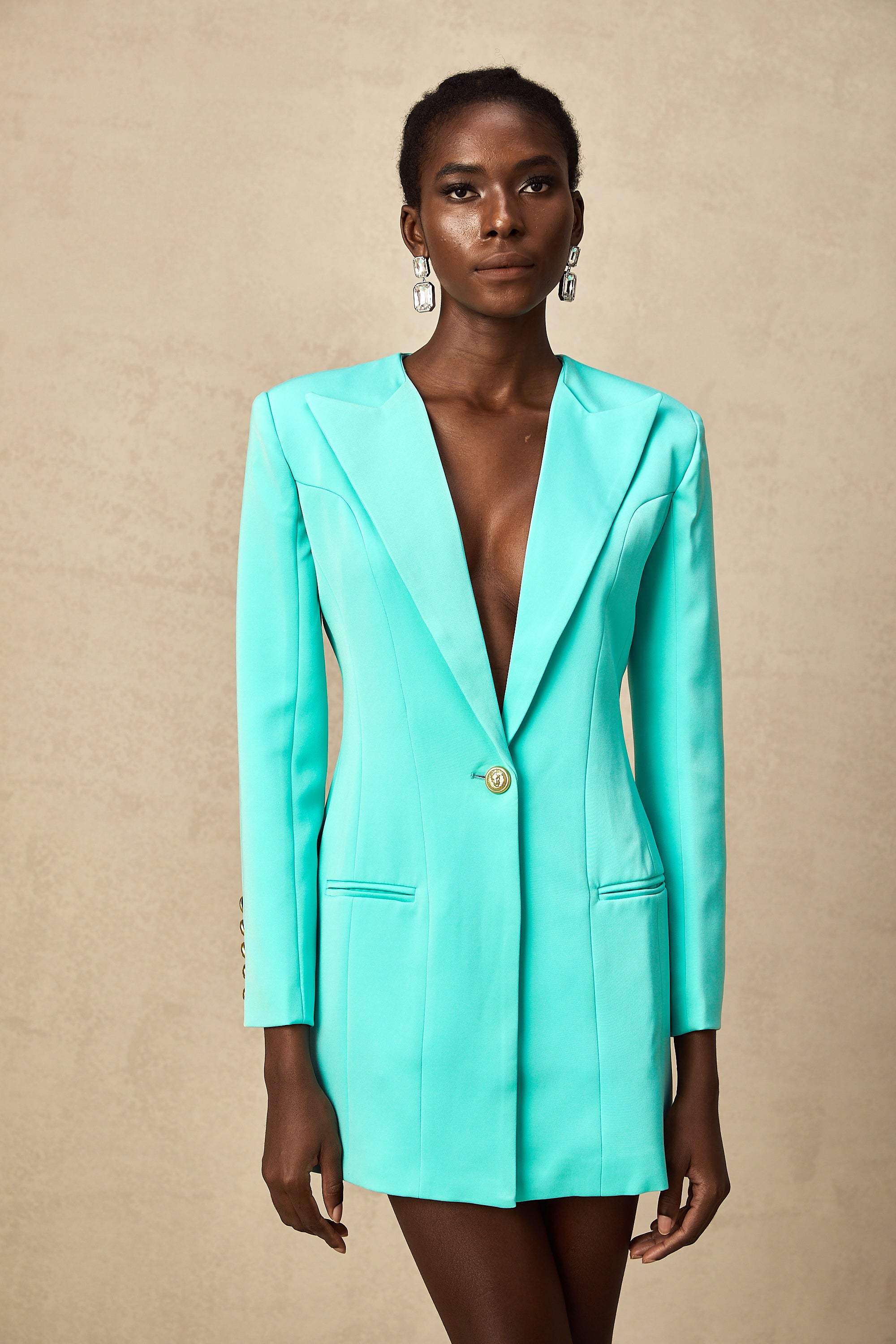 Mya green cinched-waist mini blazer dress