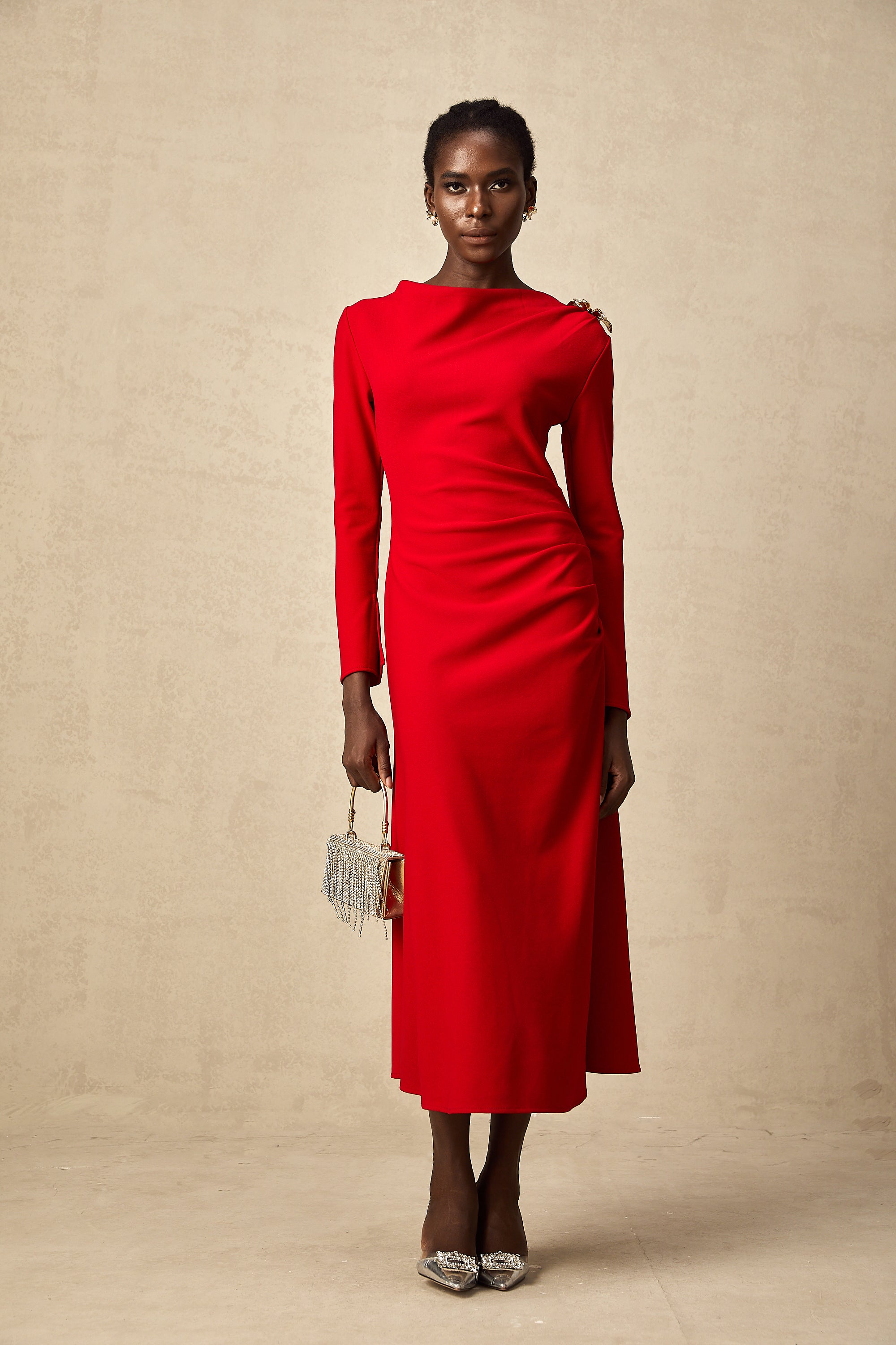 Aïsha red butterfly-embellished flared midi dress