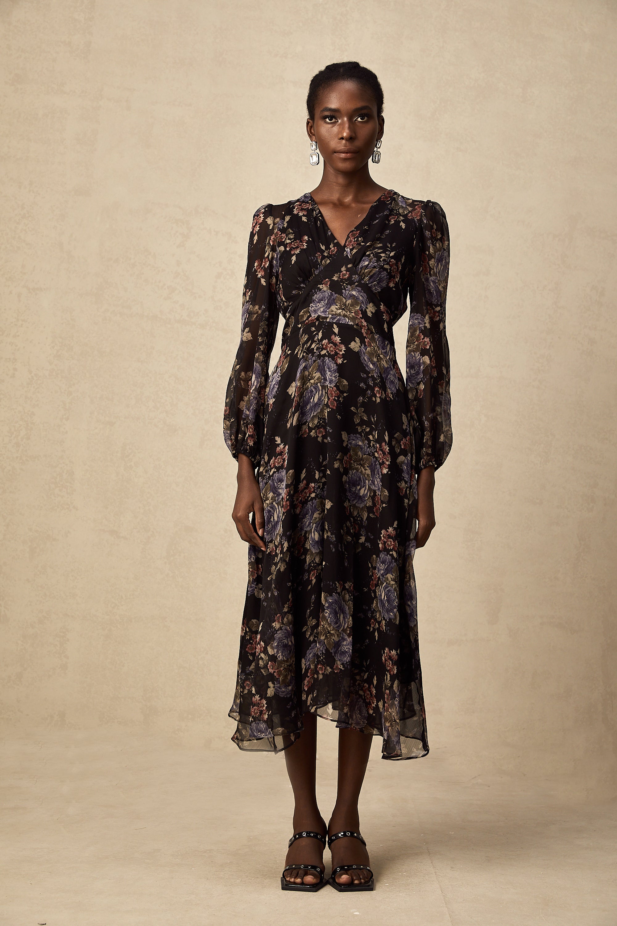 Lilou black floral-print midi dress