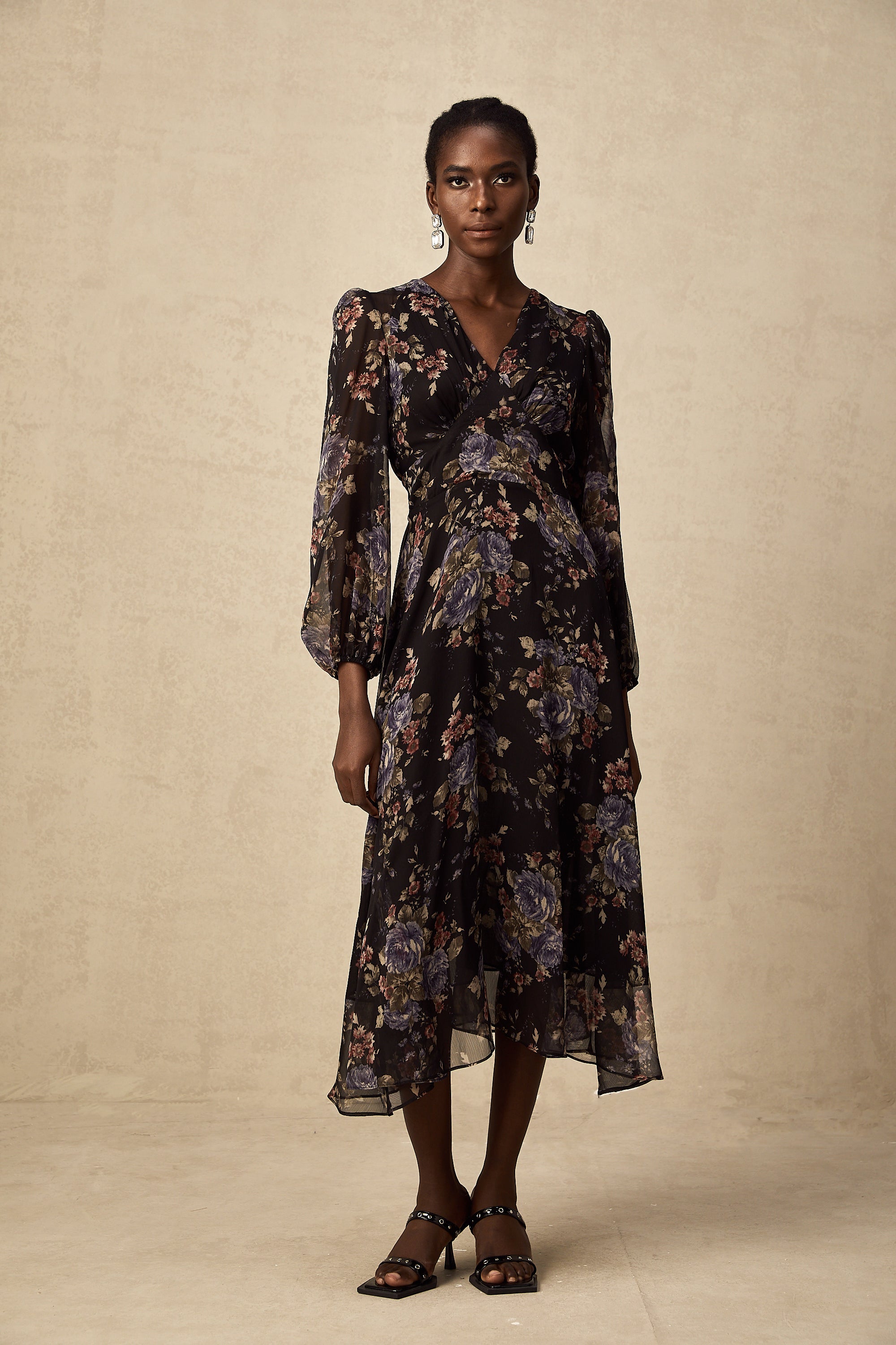 Lilou black floral-print midi dress