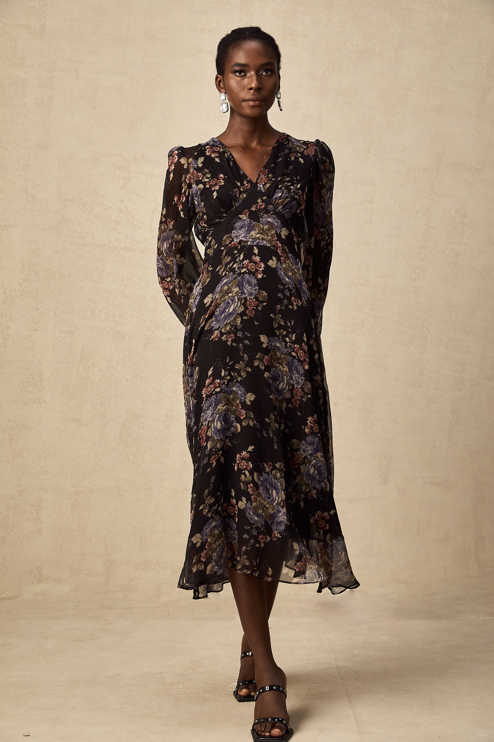 Lilou black floral-print midi dress