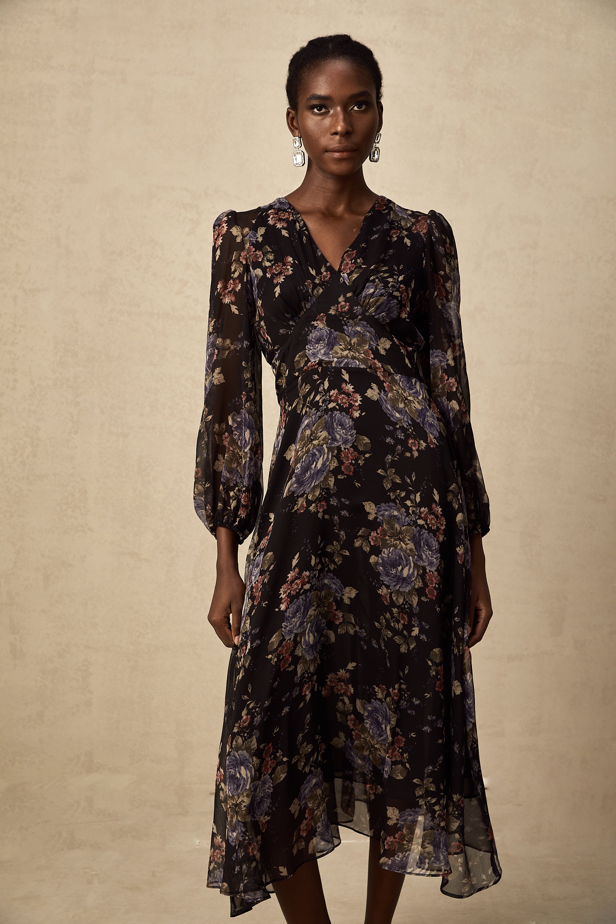 Lilou black floral-print midi dress