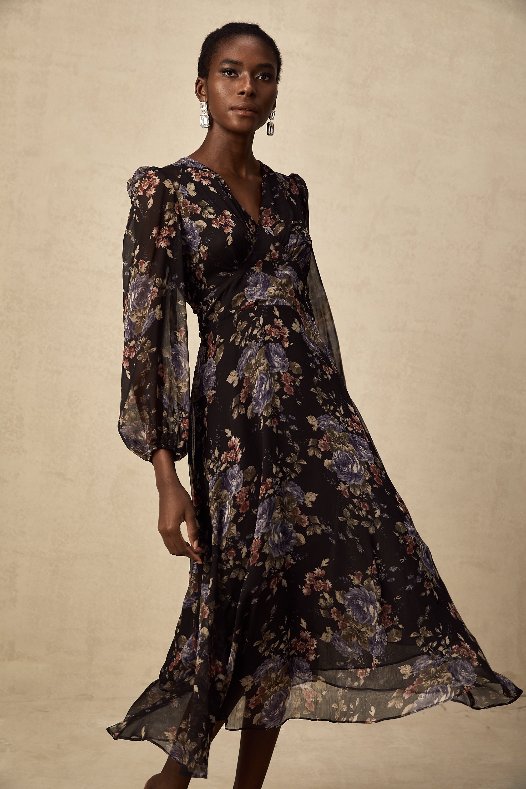 Lilou black floral-print midi dress