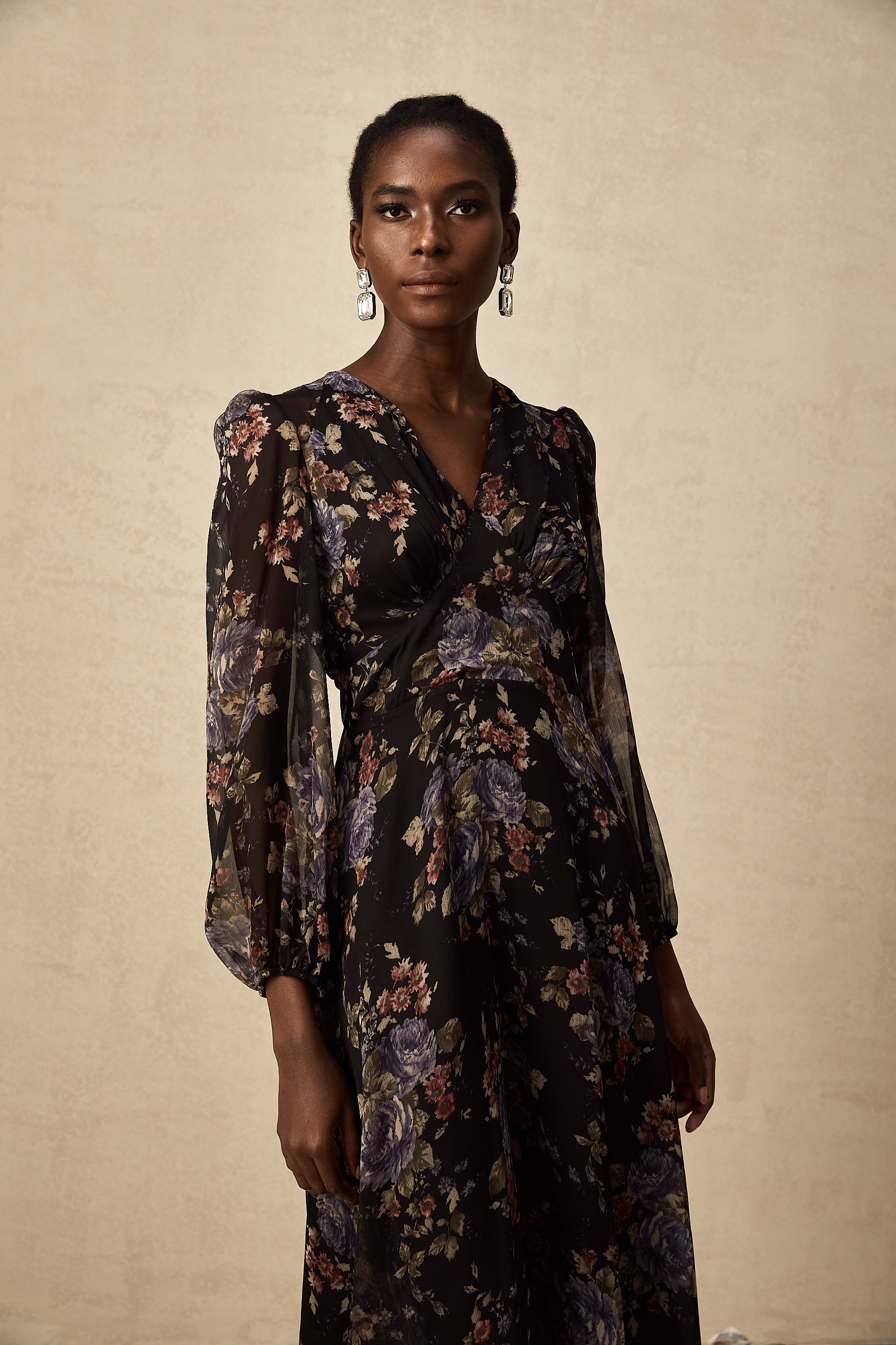 Lilou black floral-print midi dress