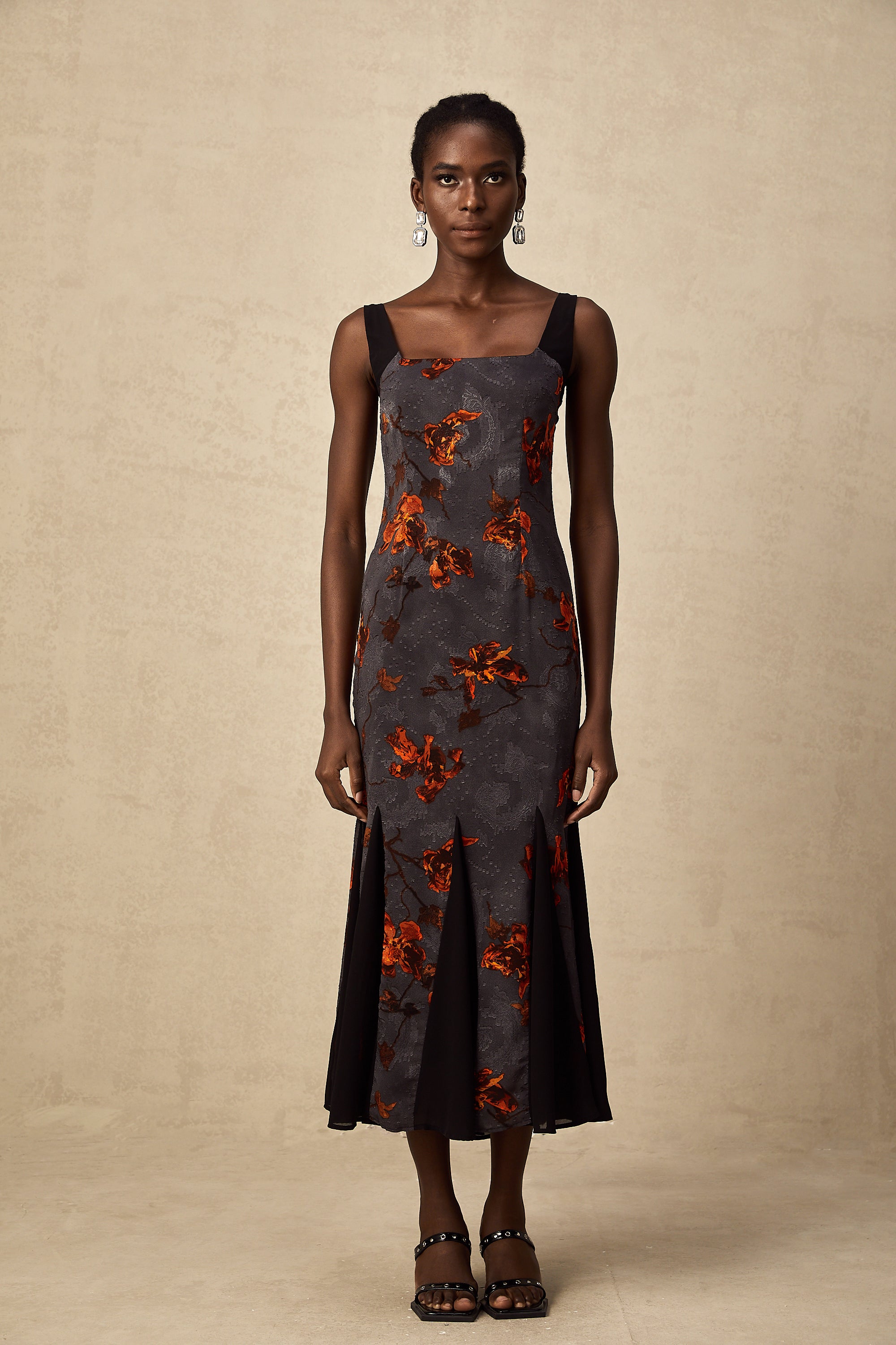 Christina floral-jacquard godet midi dress