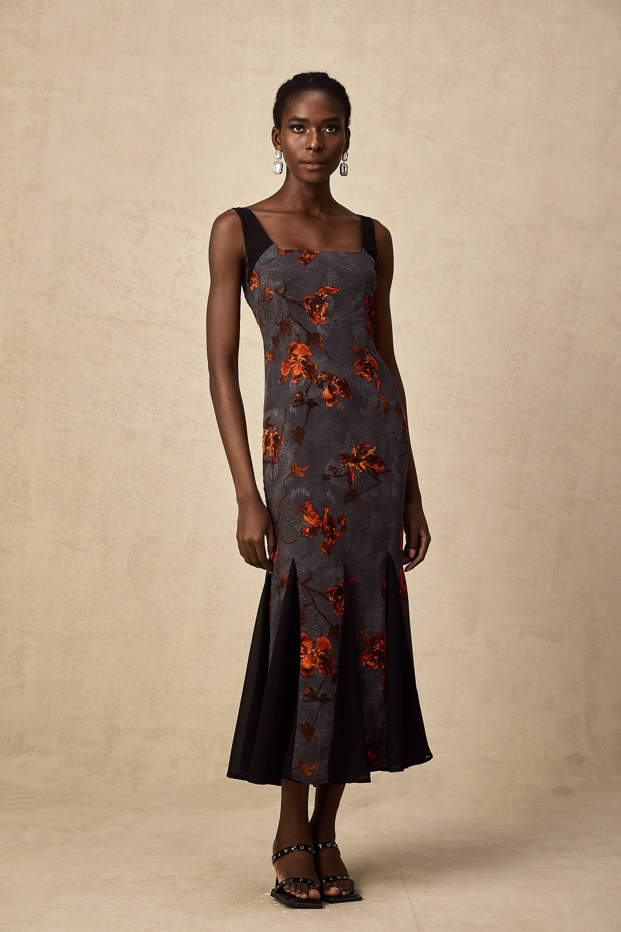 Christina floral-jacquard godet midi dress