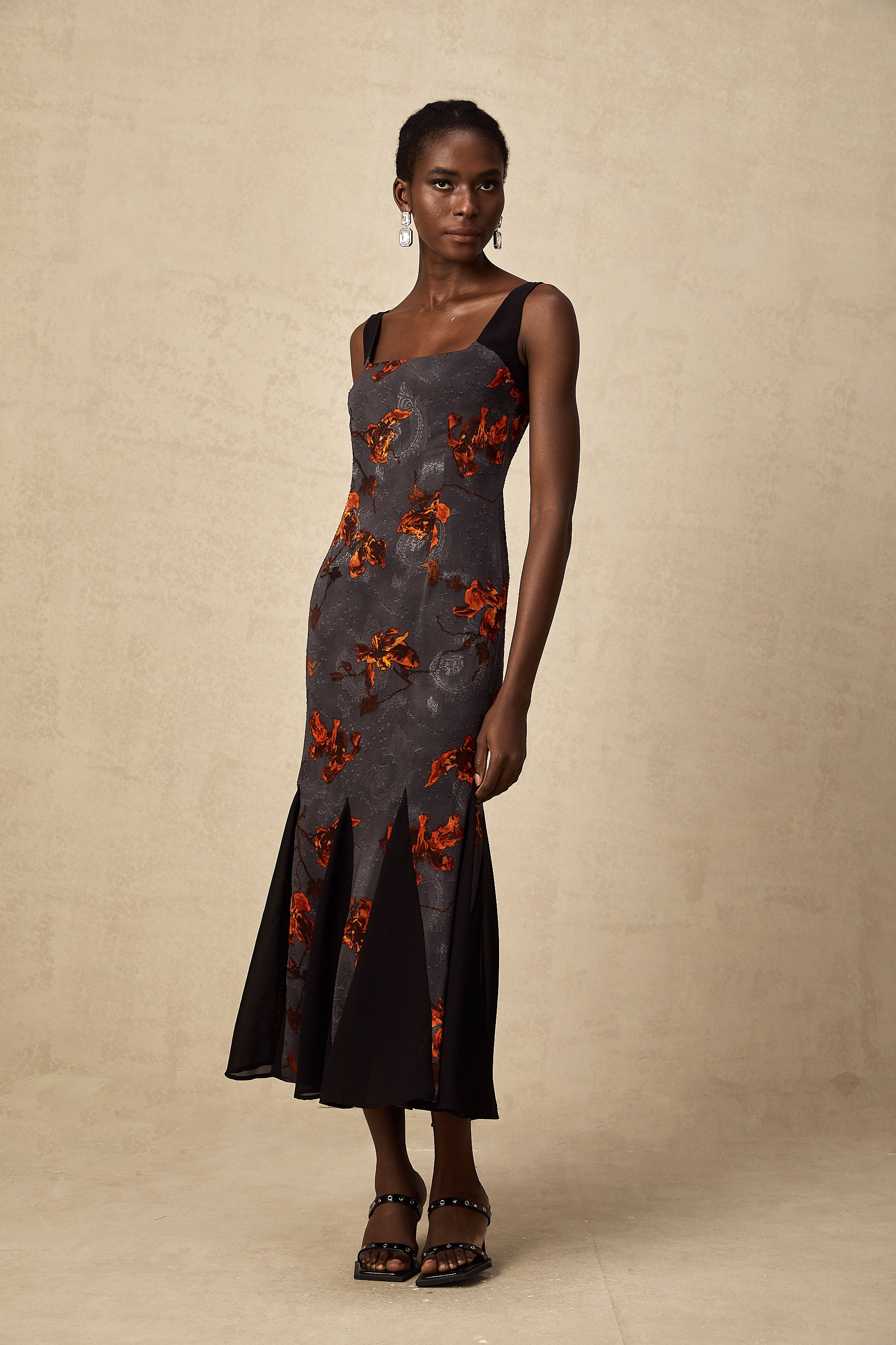 Christina floral-jacquard godet midi dress