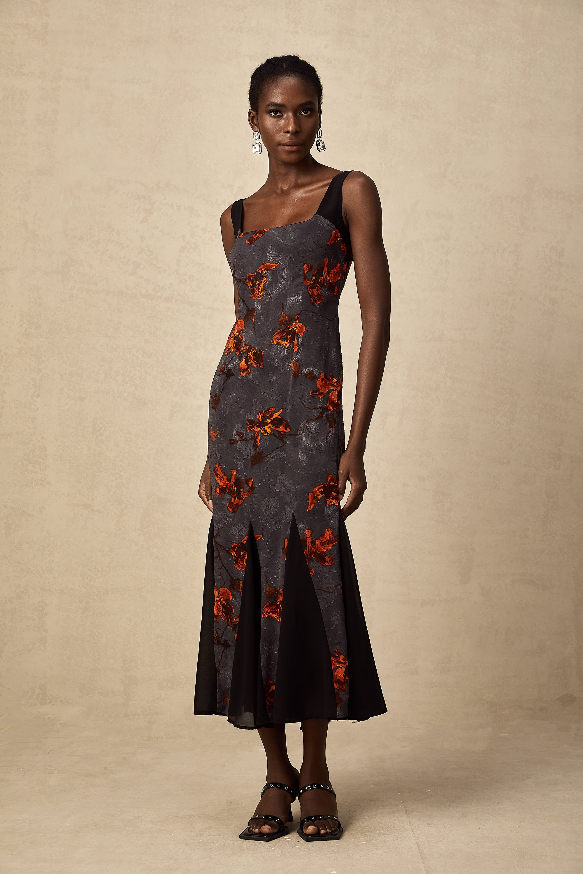 Christina floral-jacquard godet midi dress