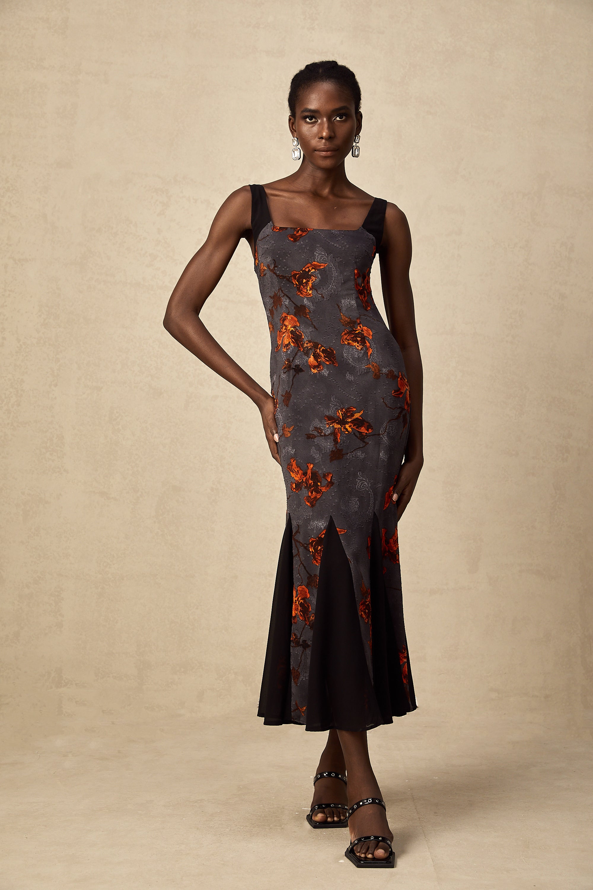 Christina floral-jacquard godet midi dress