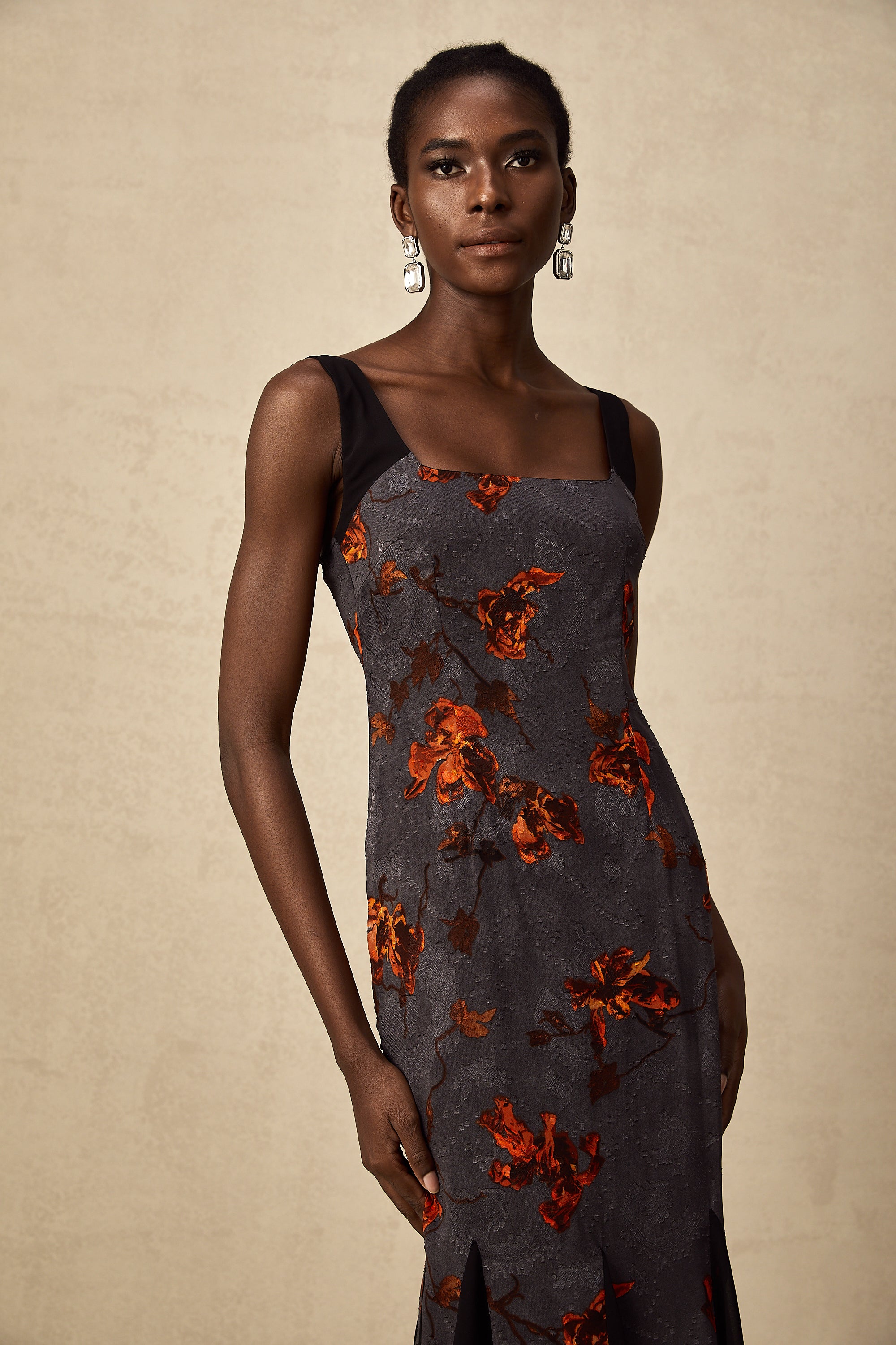 Christina floral-jacquard godet midi dress