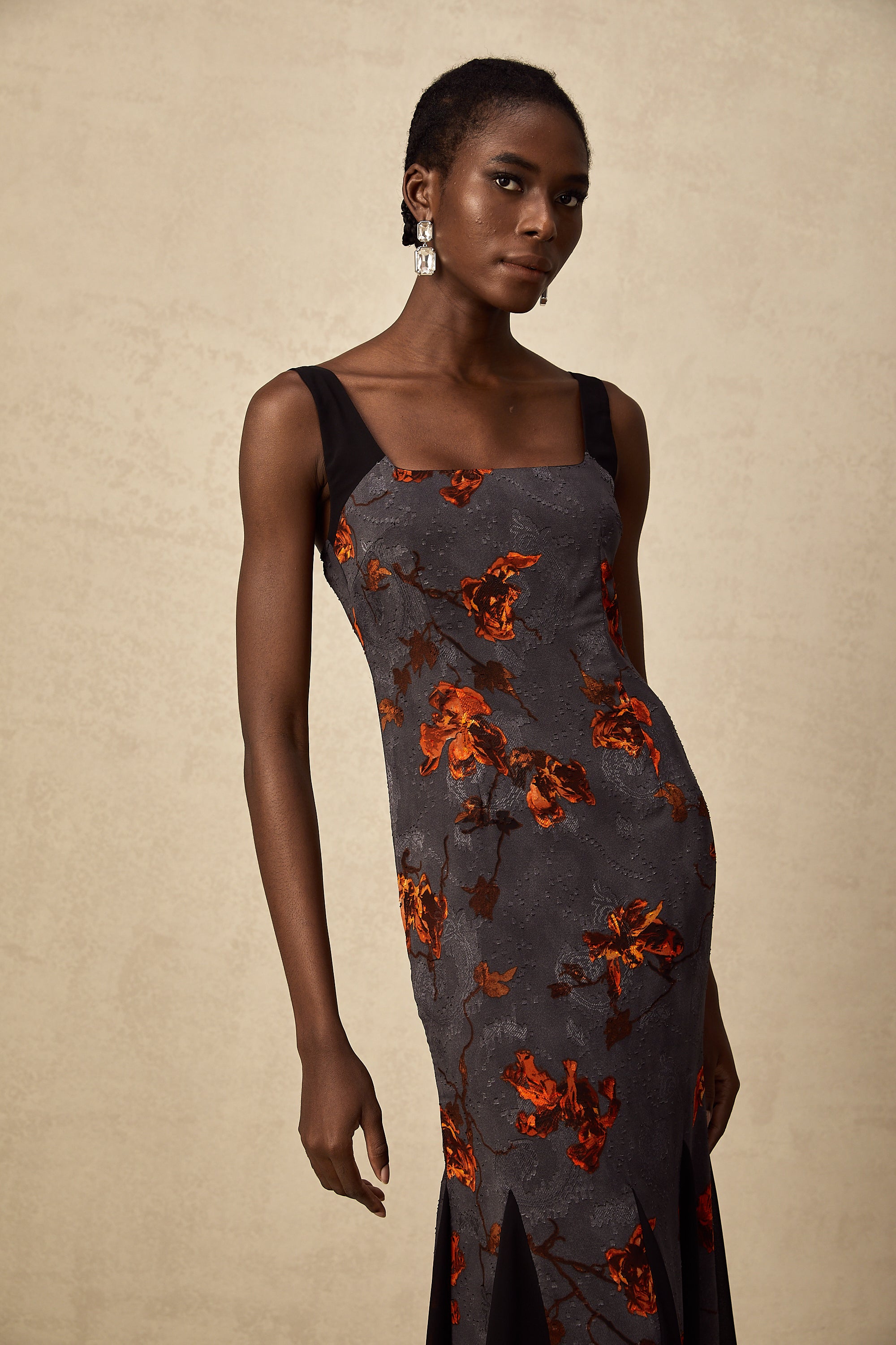 Christina floral-jacquard godet midi dress